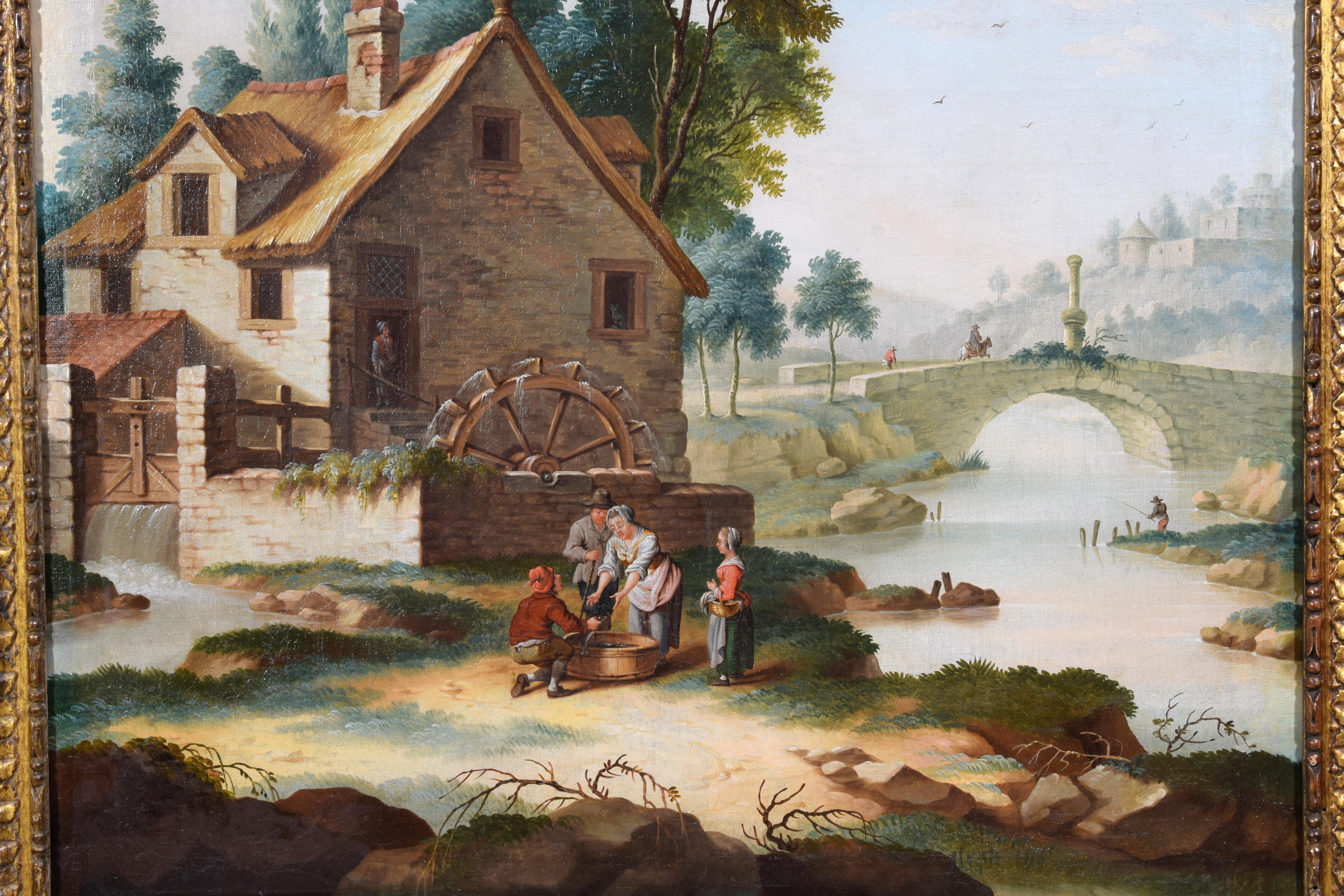 Canvas 18th Century, Italian Painting Depicting Landscape with Watermill and Characters For Sale