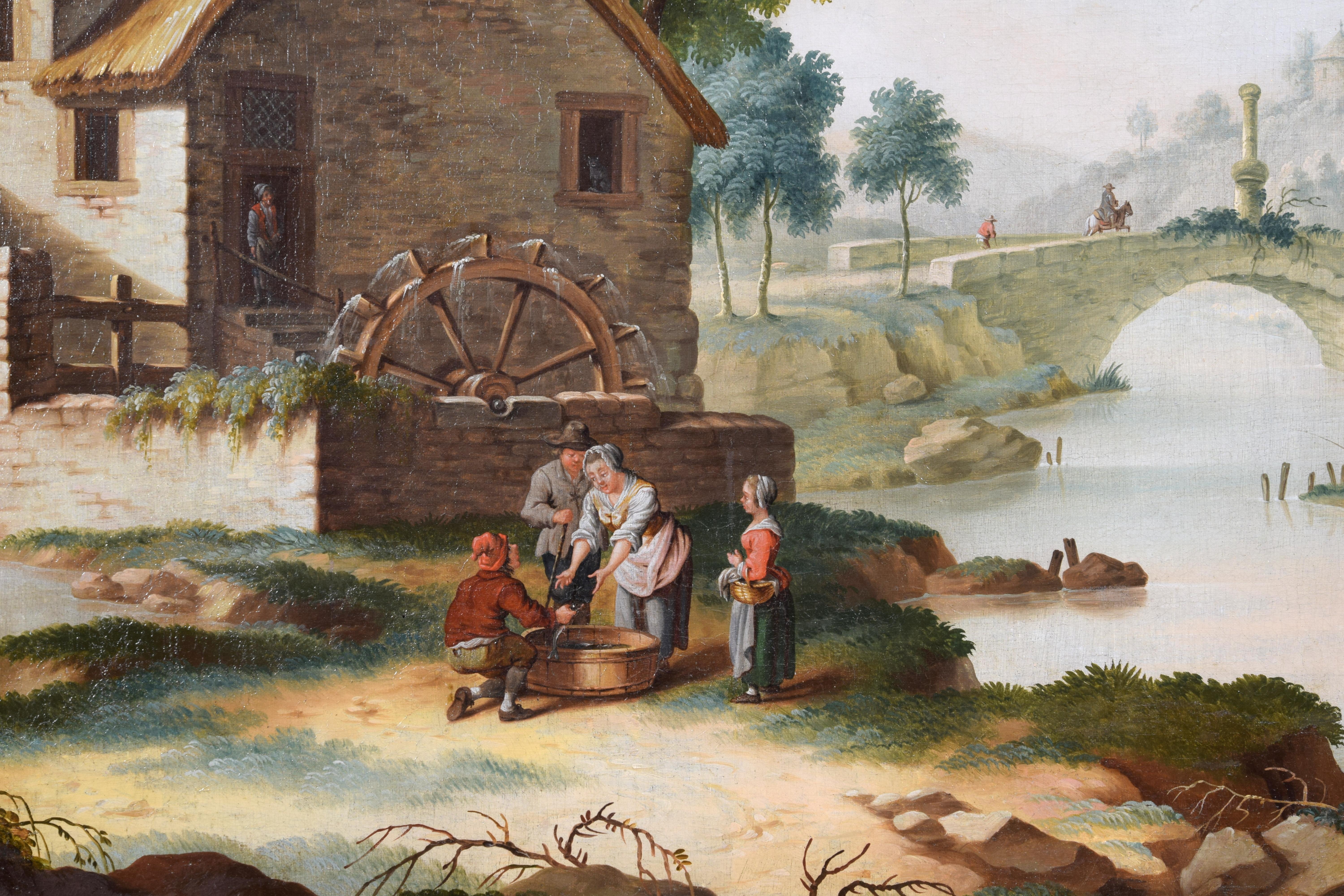 18th Century, Italian Painting Depicting Landscape with Watermill and Characters For Sale 1