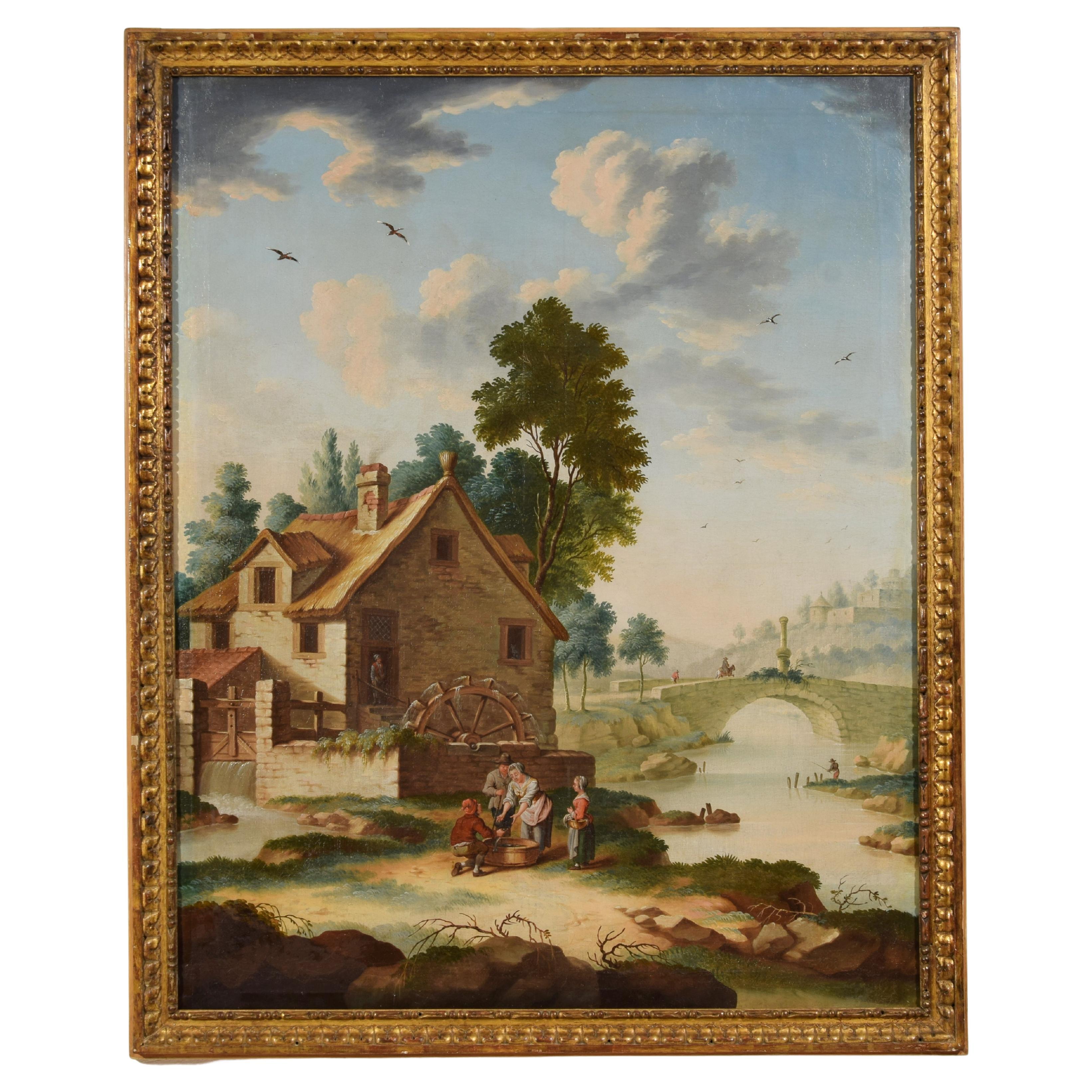 Italienisches Gemälde aus dem 18. Jahrhundert mit Landschaftsdarstellung mit Wassermühle und Schriftzeichen im Angebot