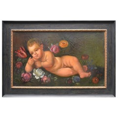18th Century Italian Painting of a Reclining Nude Putto