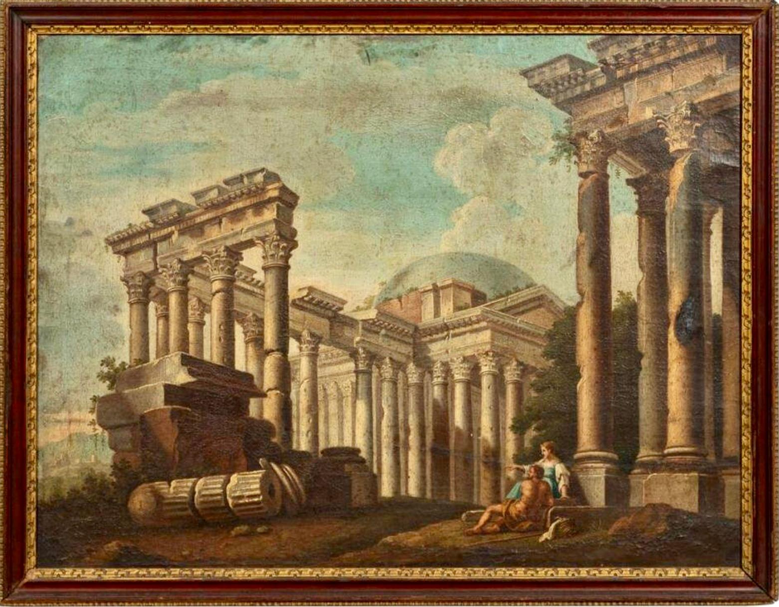 18th Century Italian Painting of Landscapes with Classical Ruins In Fair Condition In Bradenton, FL