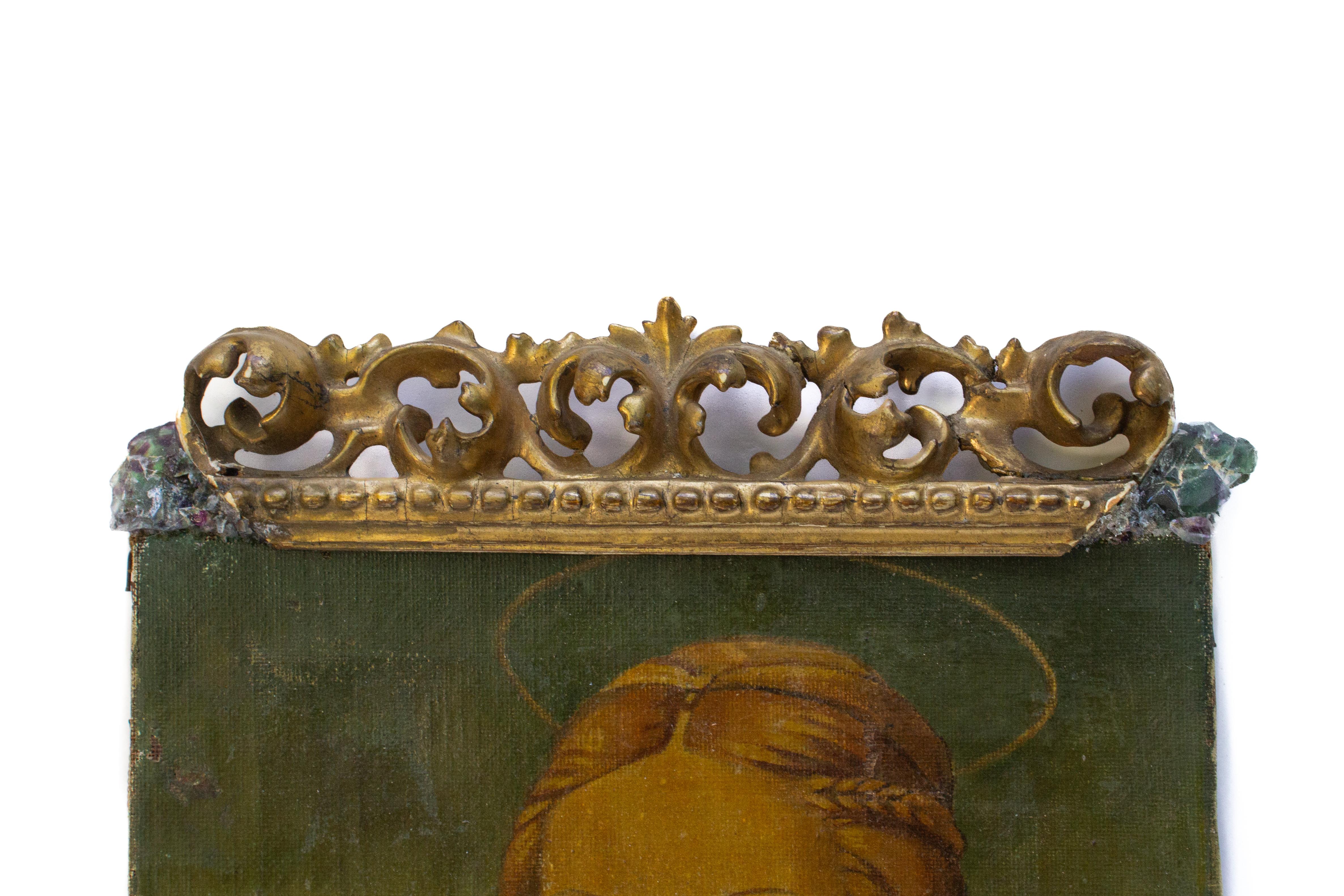 Hand-Carved 18th Century Italian Painting of Mary Framed with Fluorite and Gilded Fragments