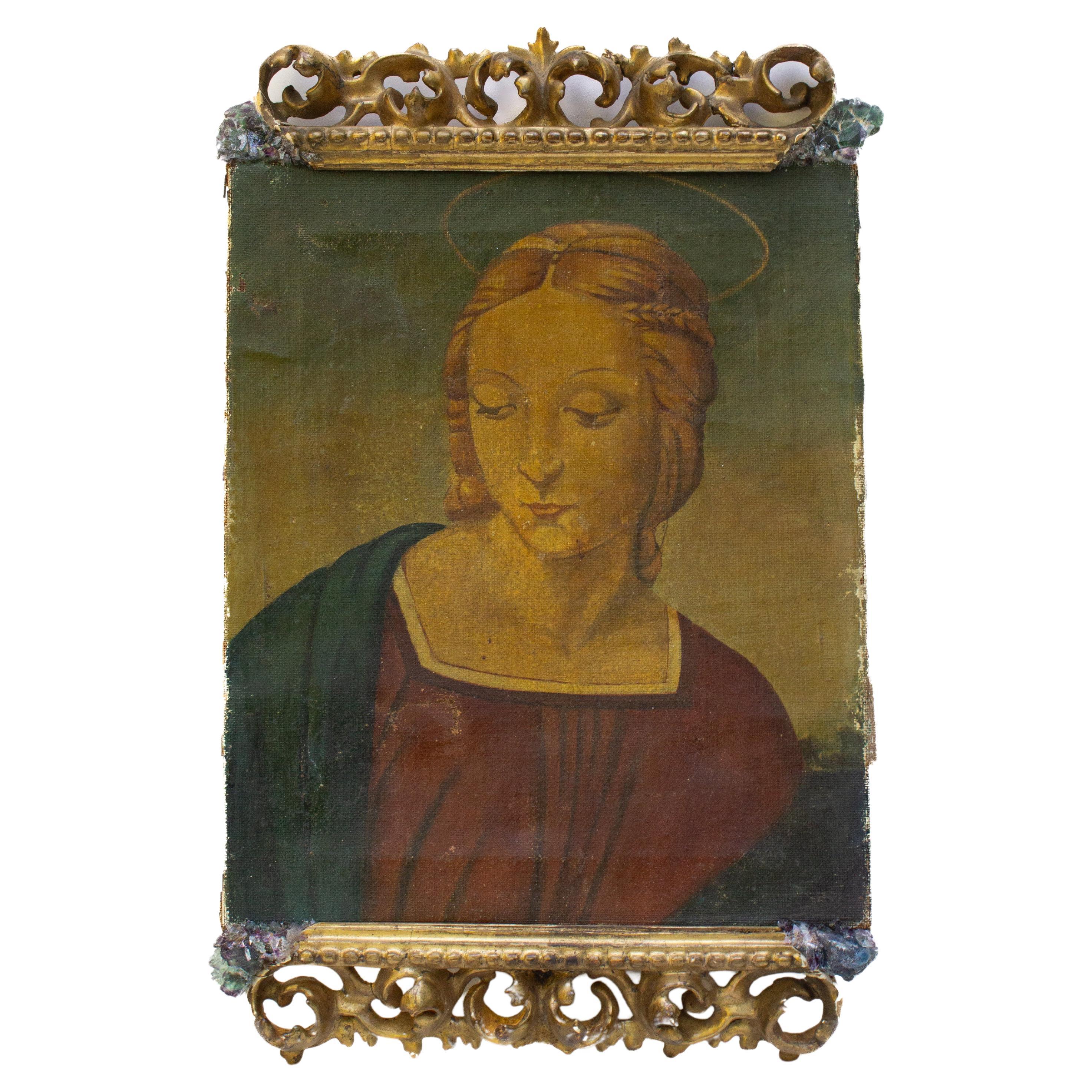 18th Century Italian Painting of Mary Framed with Fluorite and Gilded Fragments