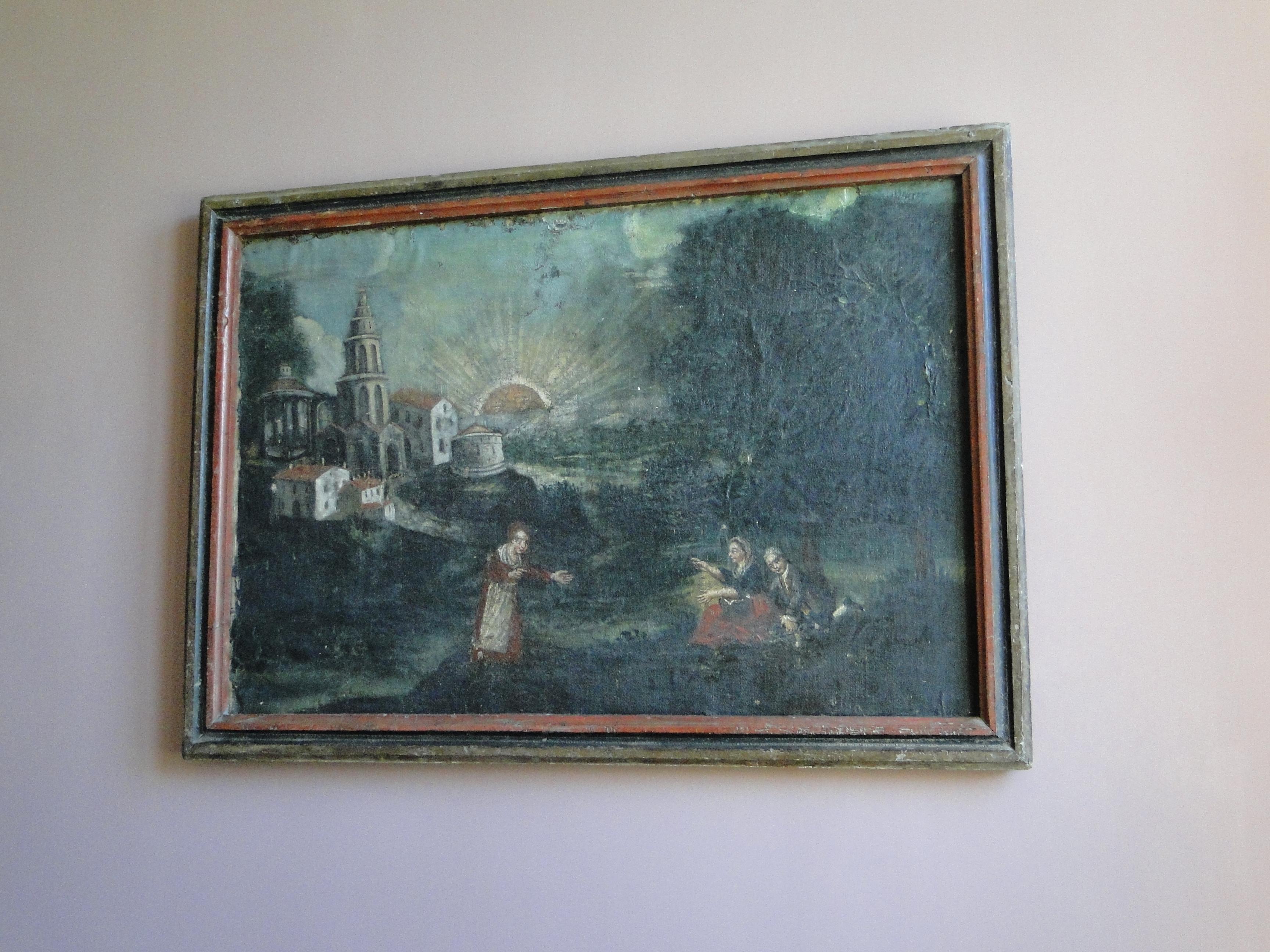 18th century Italian painting oil on canvas. Recanvassed. Restorations are visible. Wooden painted frame.