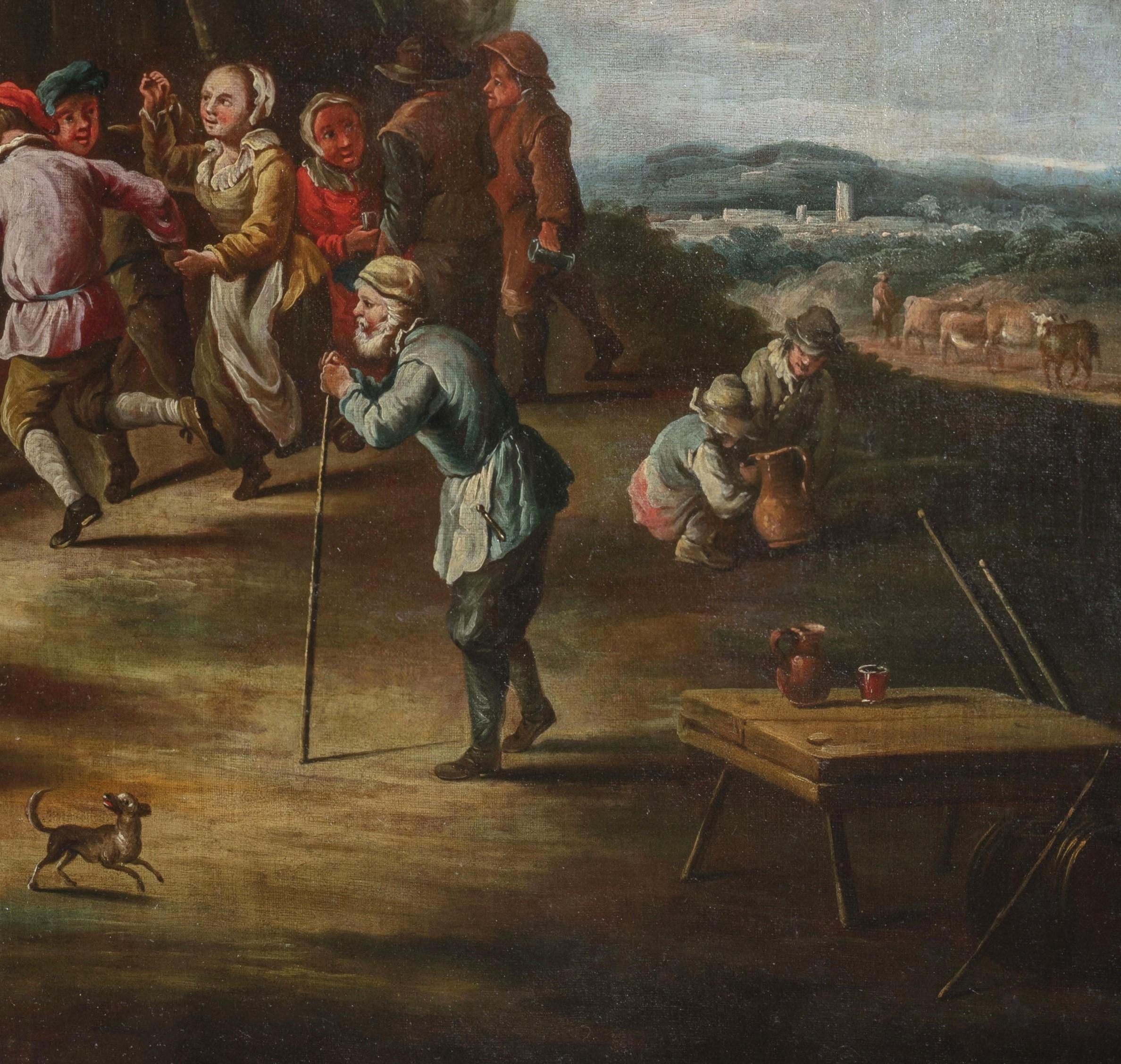 Giovanni Michele Graneri (Italien, Turin 1708-1762)
Bambocciata (Bauern tanzen vor dem Gasthaus)

Das Gemälde, das in Öl auf Leinwand gemalt wurde, zeigt einen Moment des Feierns, in dem einige Bauern oder Bürger vor einem Gasthaus tanzen und