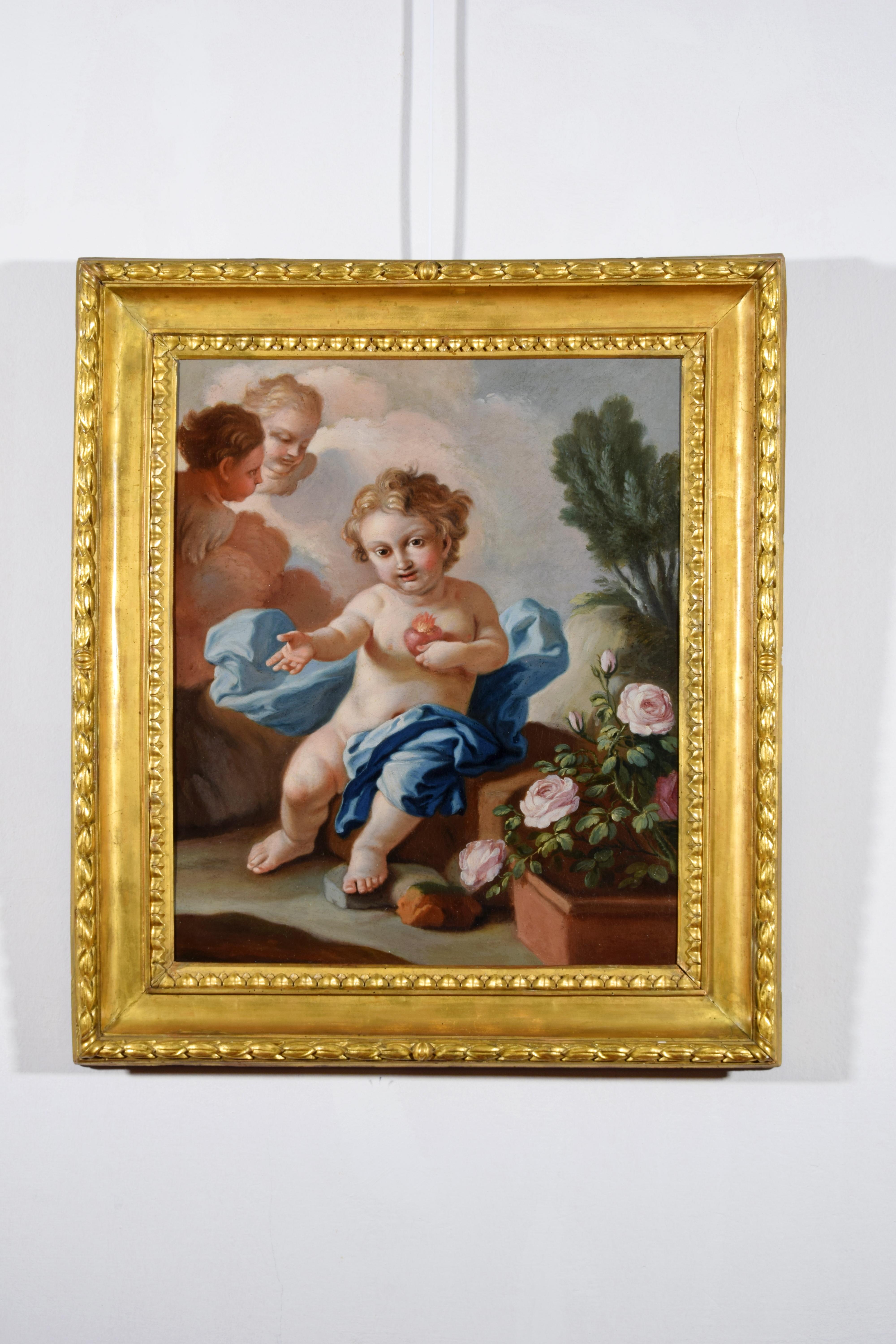 18th Century, Italian painting with Sacred Heart of the Child Jesus by Pietro Ba For Sale 5