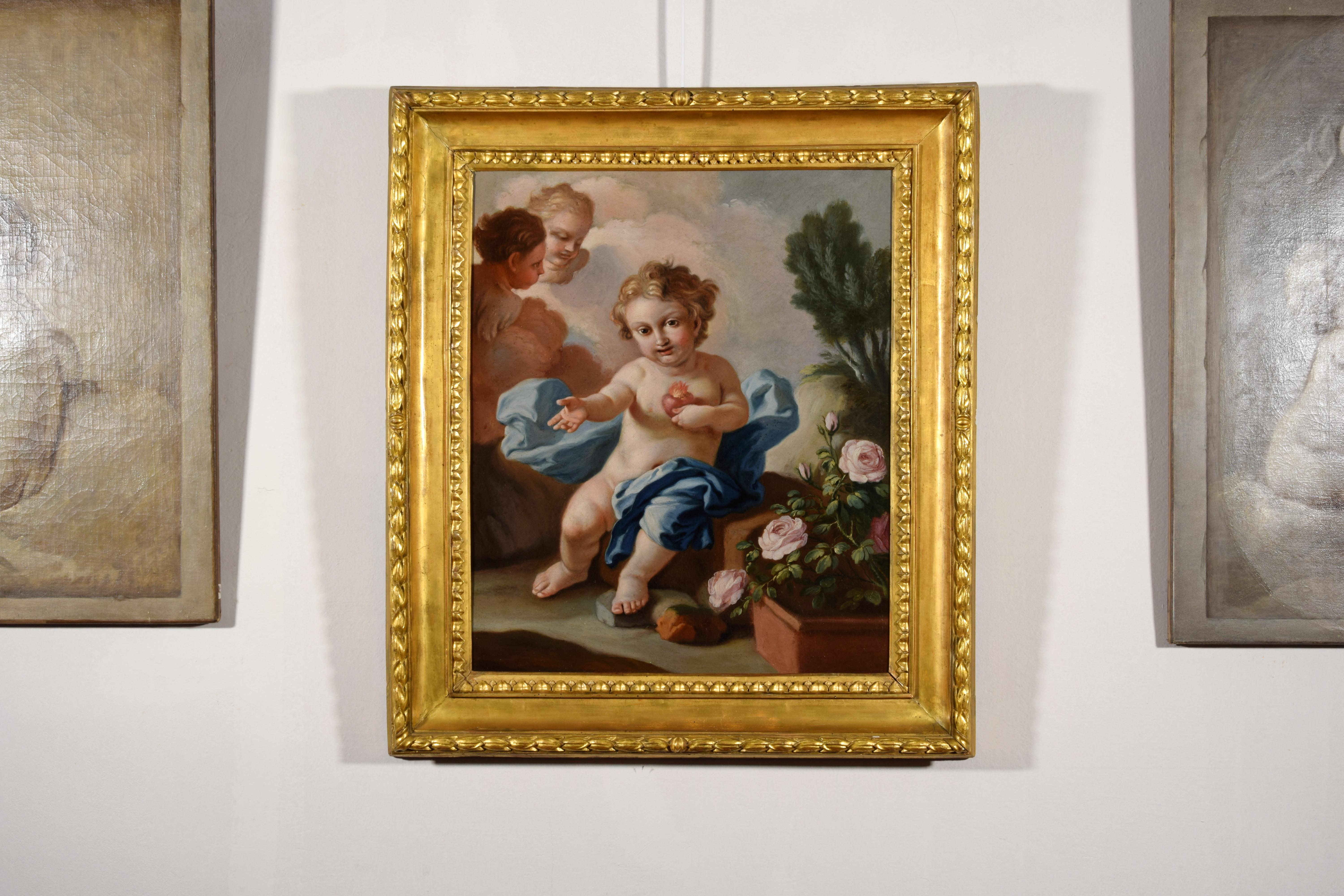 18th Century, Italian painting with Sacred Heart of the Child Jesus by Pietro Ba For Sale 8