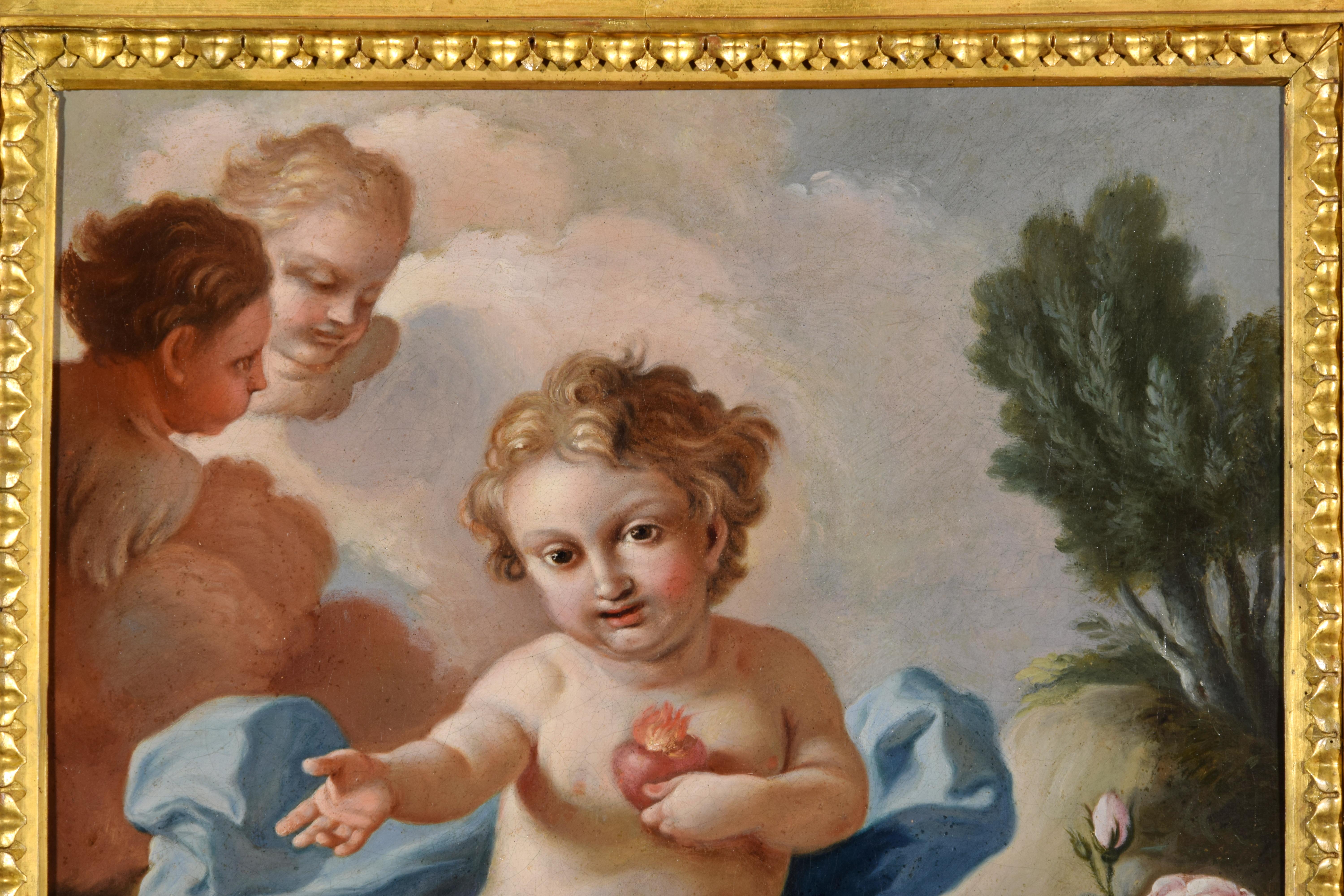 Hand-Painted 18th Century, Italian painting with Sacred Heart of the Child Jesus by Pietro Ba For Sale