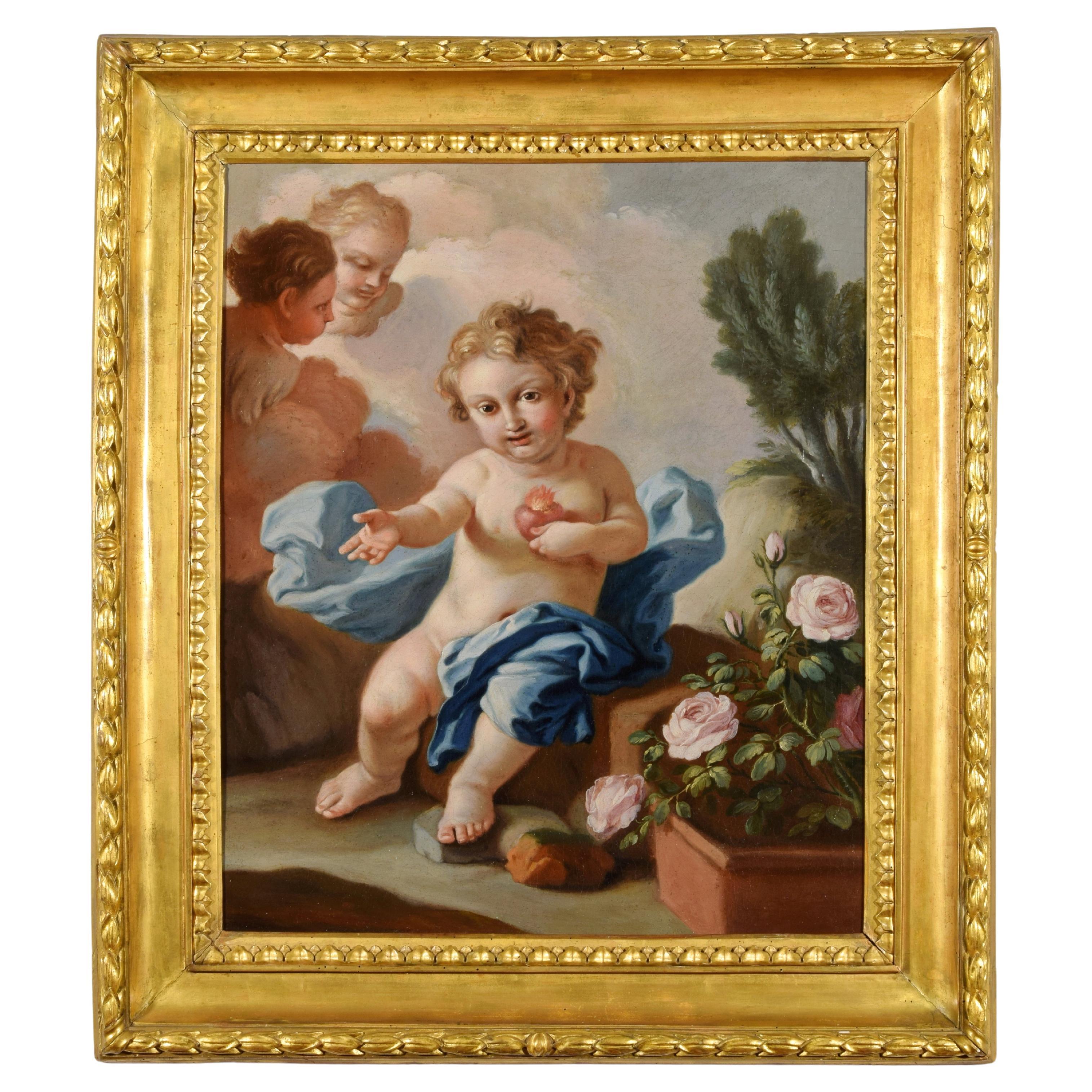 Peinture italienne du 18ème siècle avec le cœur sacré de l'enfant Jésus par Pietro Ba