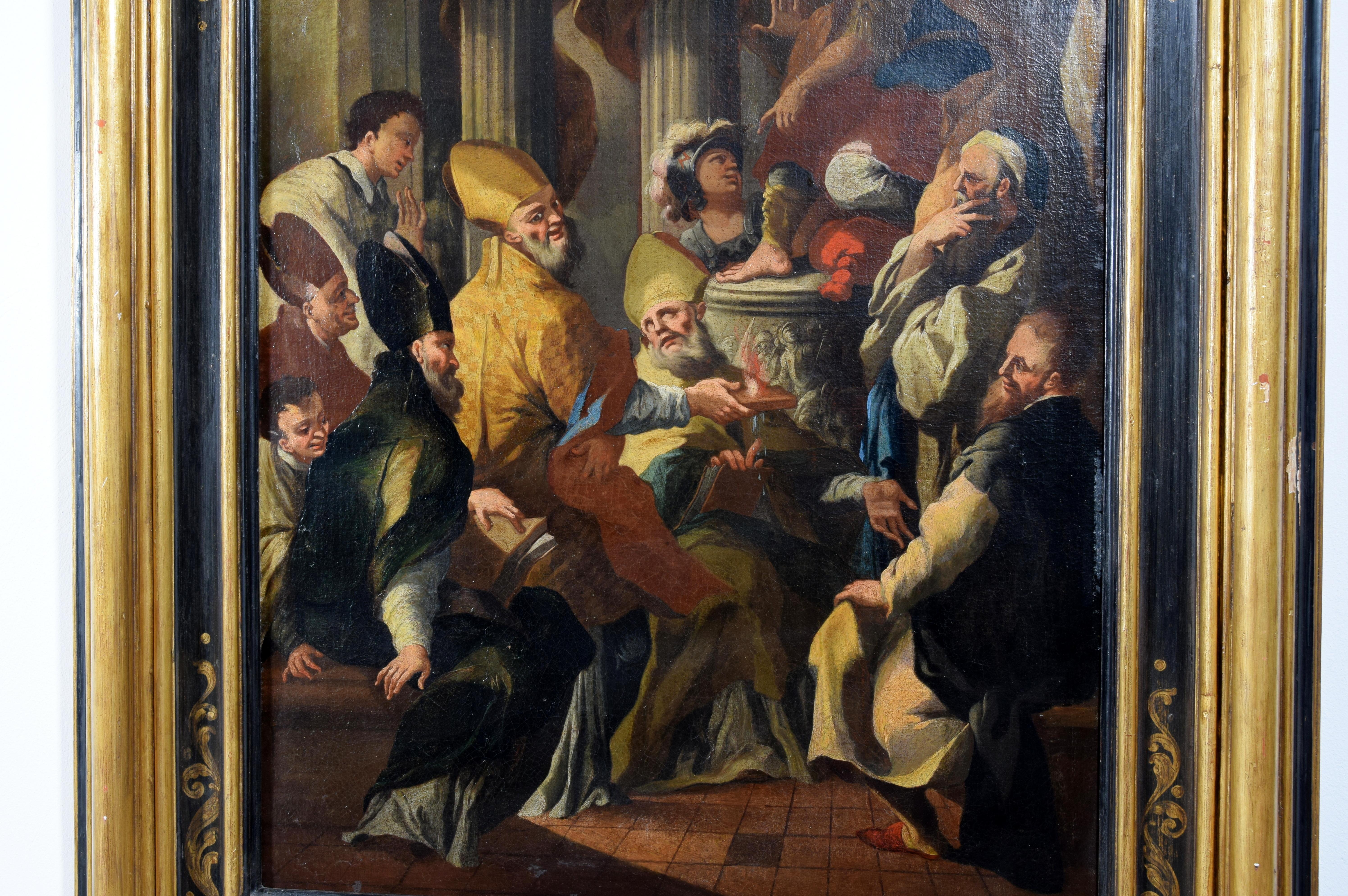 18th Century, Italian painting with Saint Nicholas and the miracle of the brick
Oil on canvas; Frame cm H 136 x W 109 x D 10. Canvas cm H 100 x W 74

The oil on canvas painting, with a seventeenth-century style moulded lacquered and gilded wood