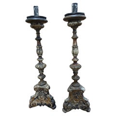18th Century Italian Pair Carved Giltwood Candlesticks Torcheres