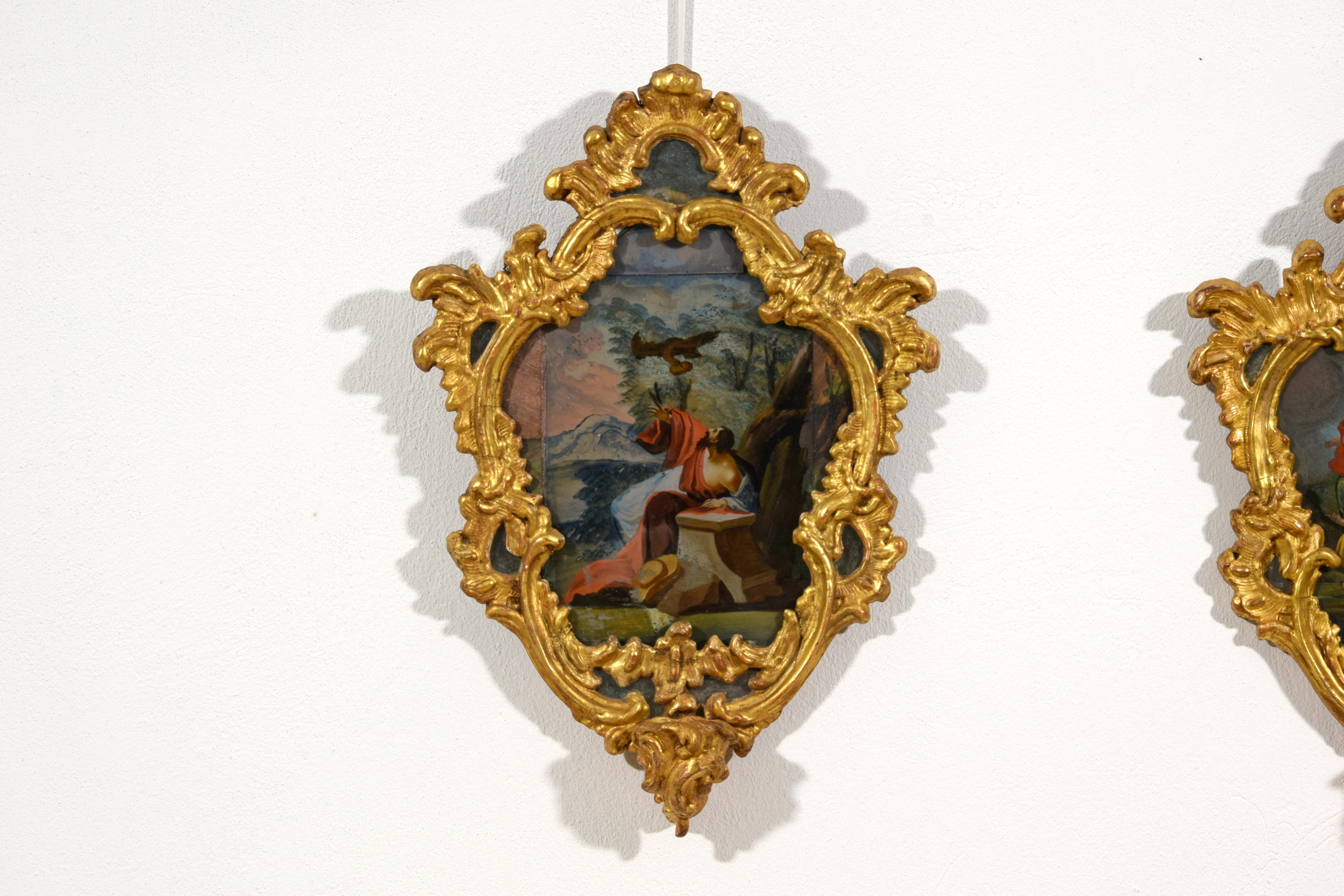 18th Century, Italian Pair of Paintings on Glass in Giltwood Frames For Sale 8