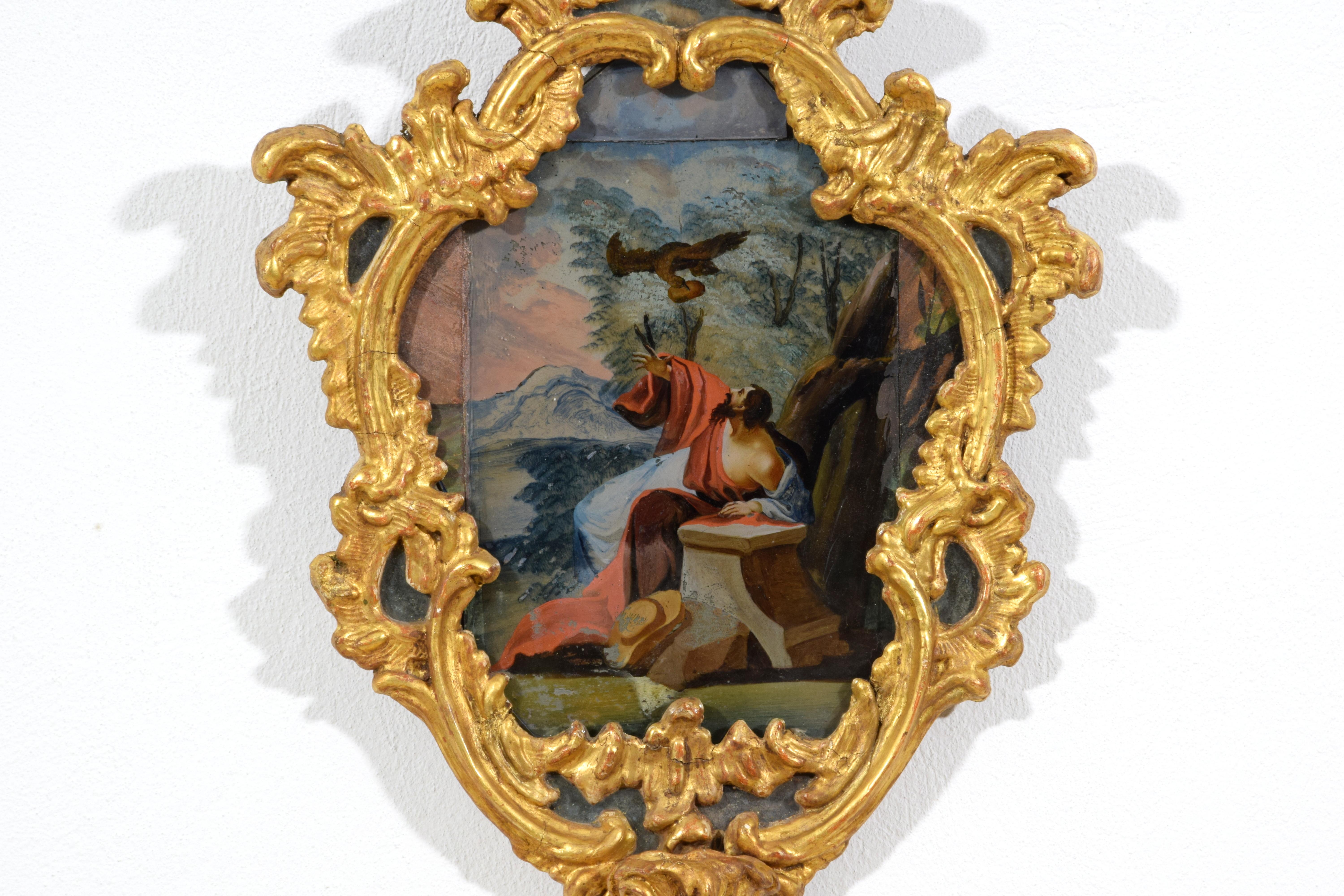 18th Century, Italian Pair of Paintings on Glass in Giltwood Frames For Sale 9