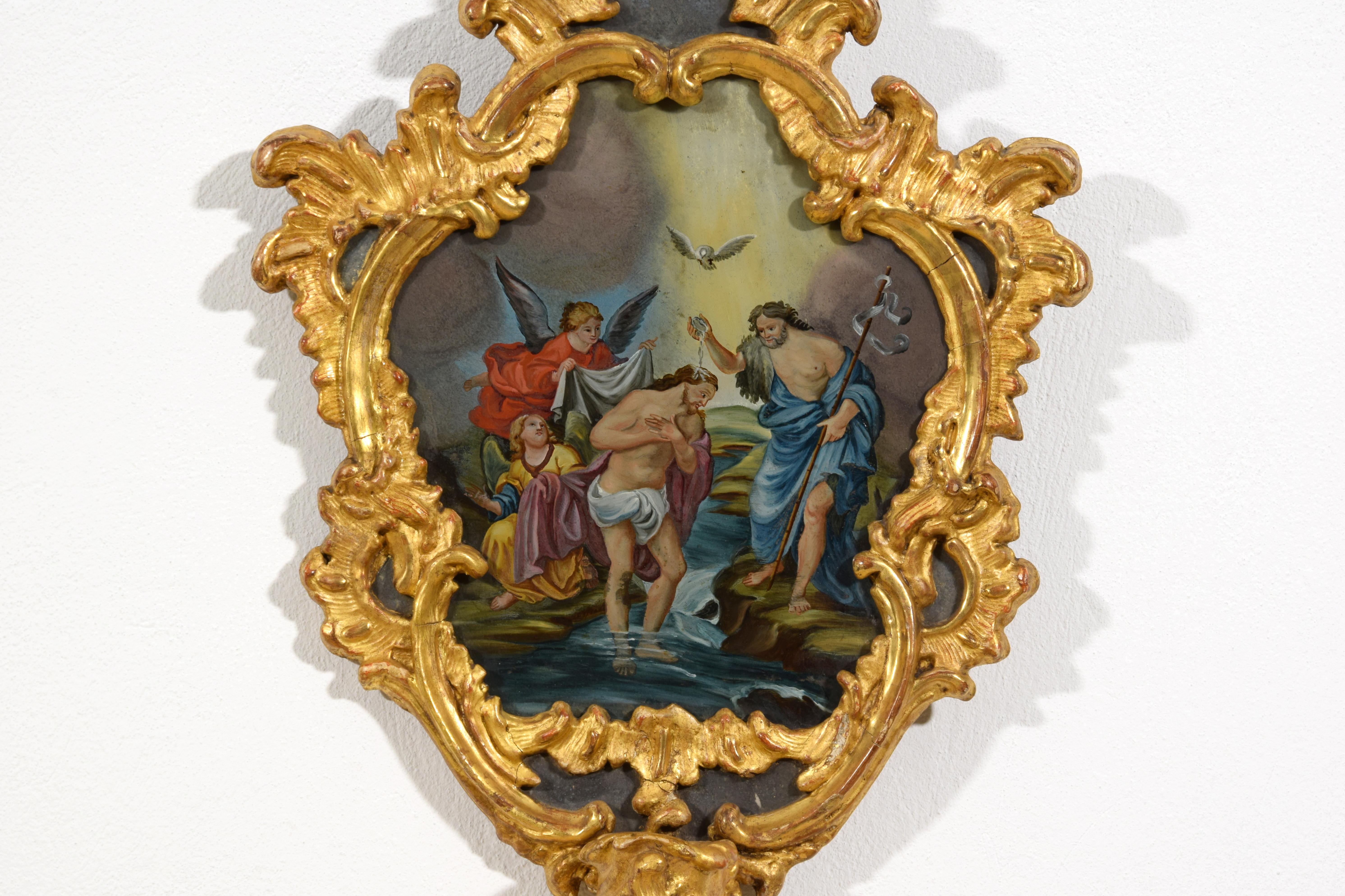18th Century, Italian Pair of Paintings on Glass in Giltwood Frames For Sale 12
