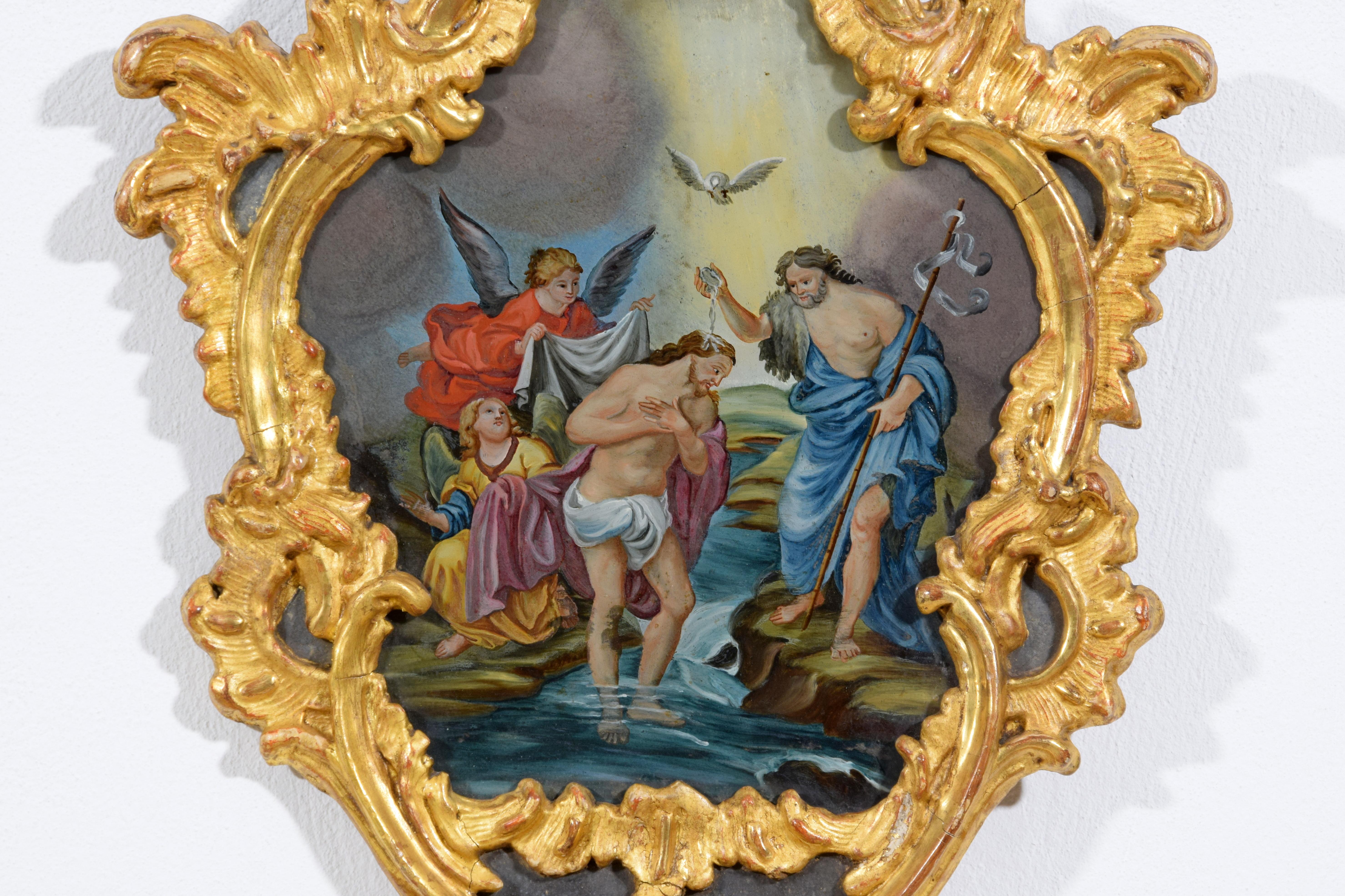 18th Century, Italian Pair of Paintings on Glass in Giltwood Frames For Sale 13