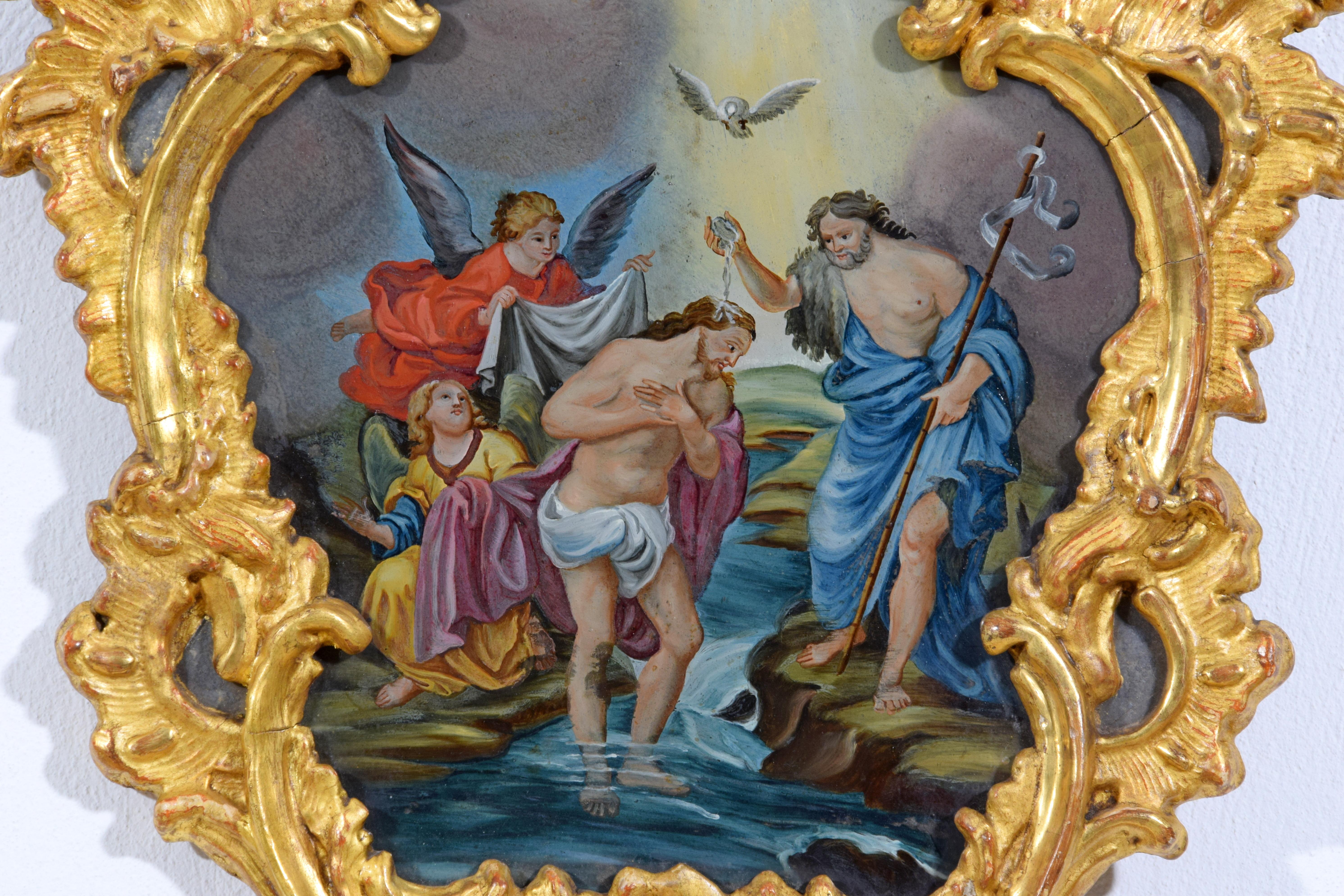 18th Century, Italian Pair of Paintings on Glass in Giltwood Frames For Sale 14