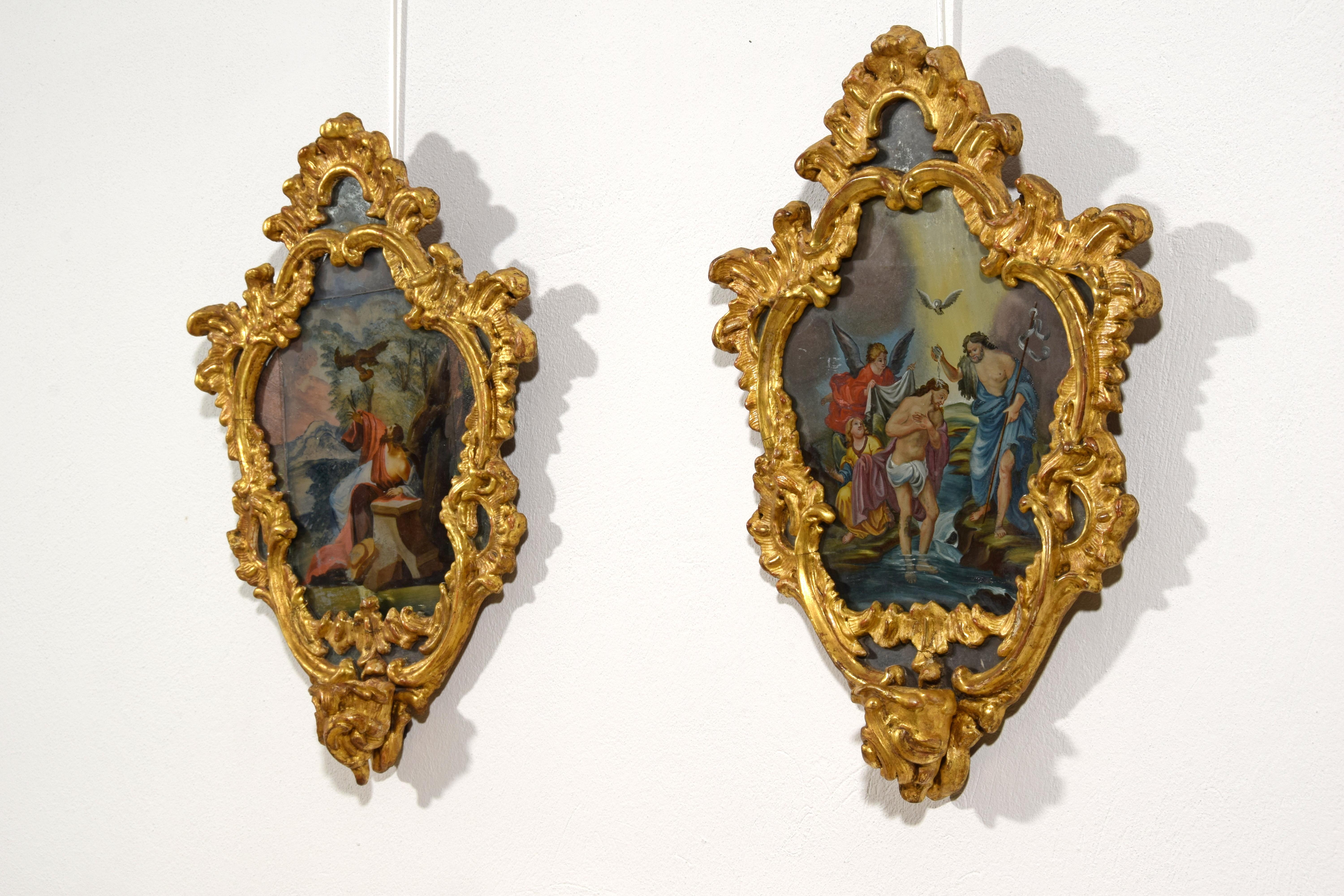 Rococo 18th Century, Italian Pair of Paintings on Glass in Giltwood Frames For Sale