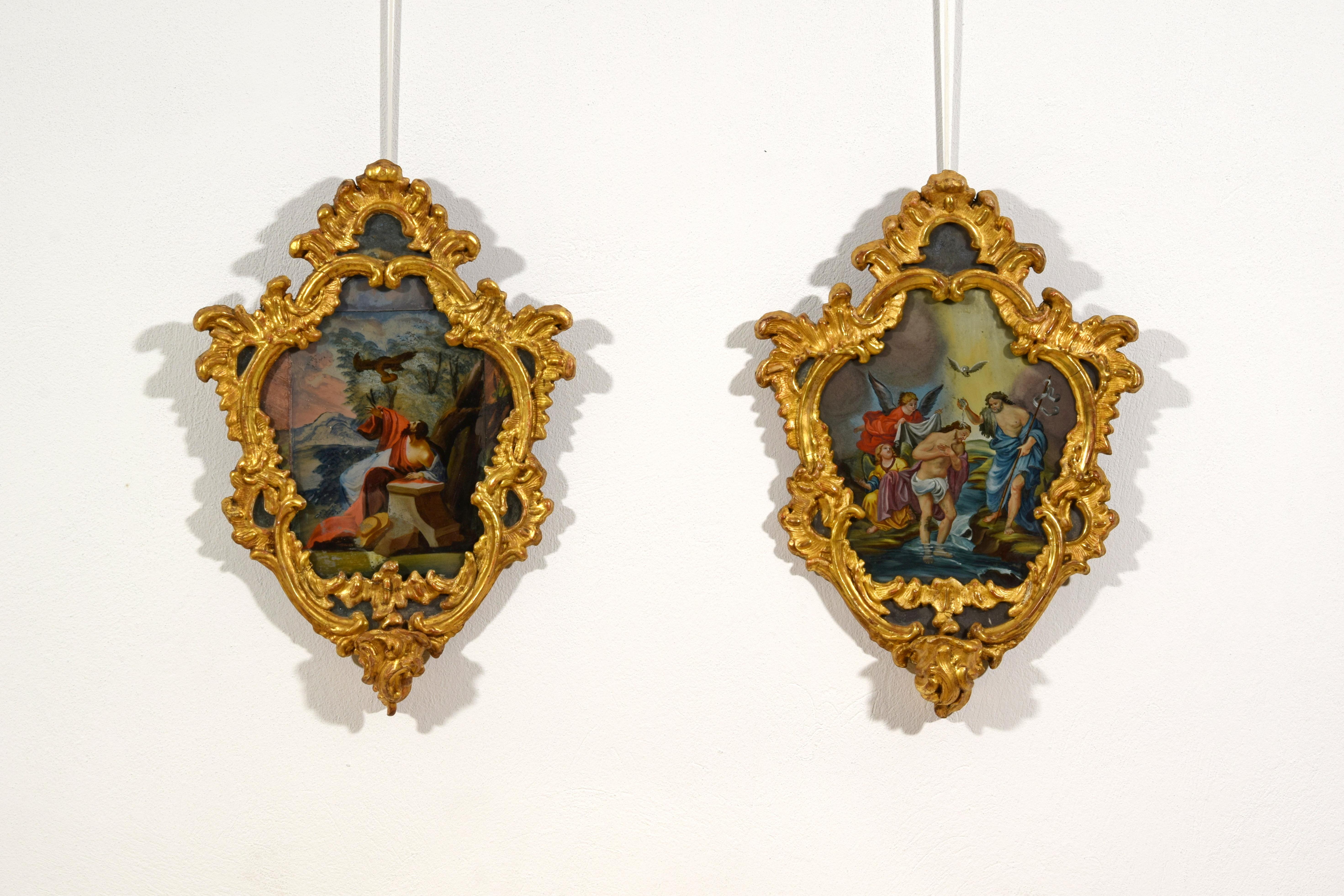 Hand-Carved 18th Century, Italian Pair of Paintings on Glass in Giltwood Frames For Sale