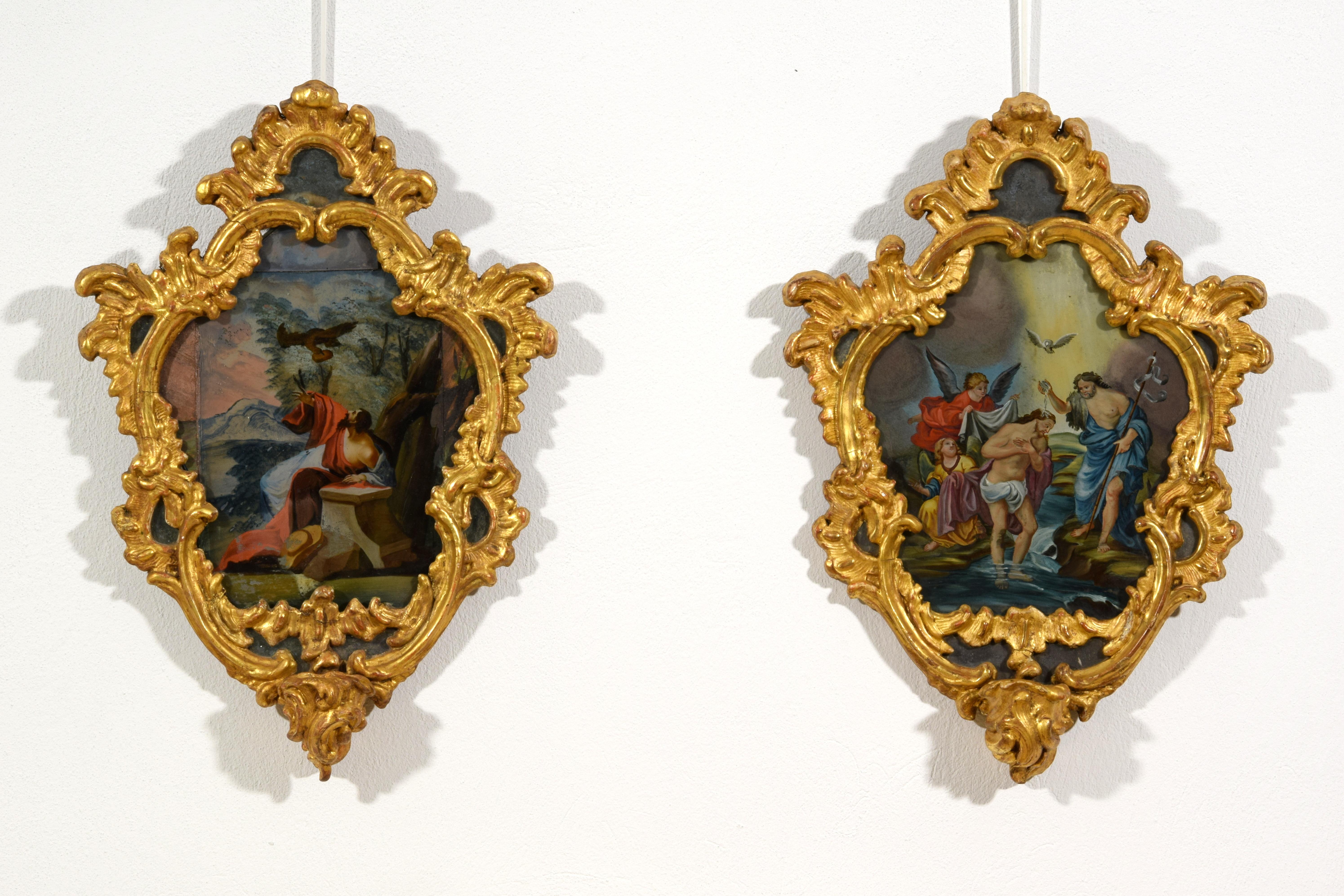 18th Century, Italian Pair of Paintings on Glass in Giltwood Frames For Sale 2