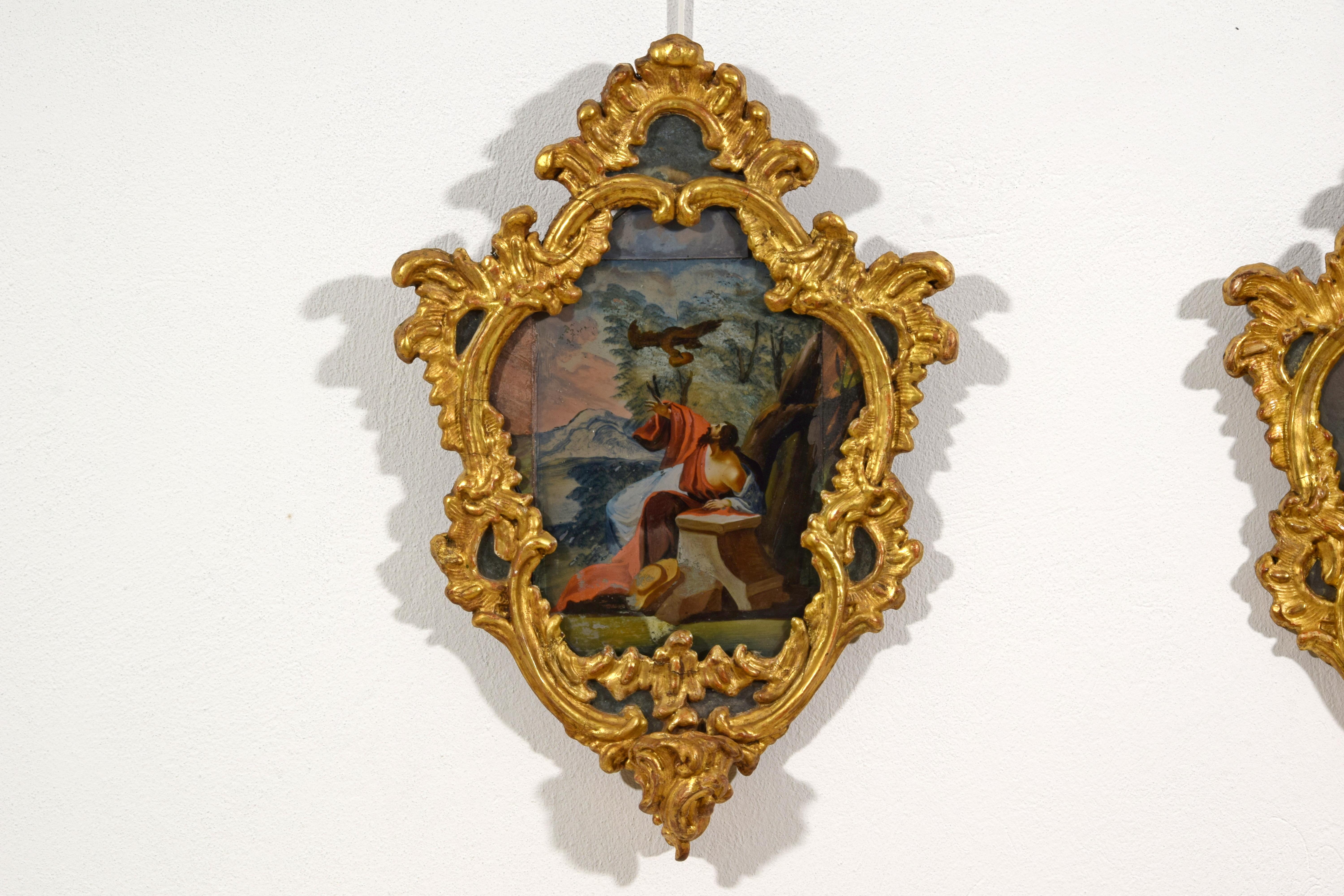 18th Century, Italian Pair of Paintings on Glass in Giltwood Frames For Sale 3