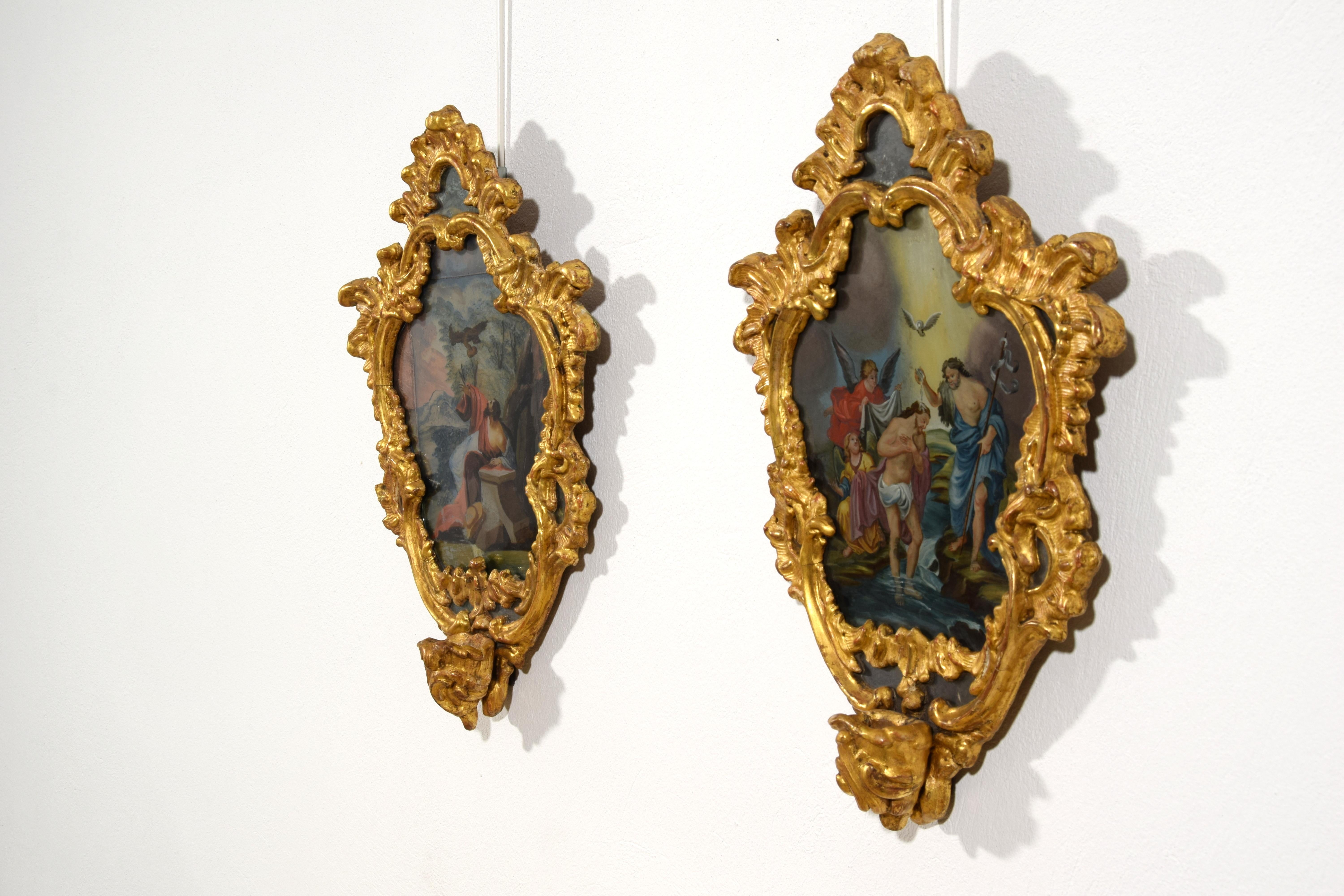 18th Century, Italian Pair of Paintings on Glass in Giltwood Frames For Sale 5