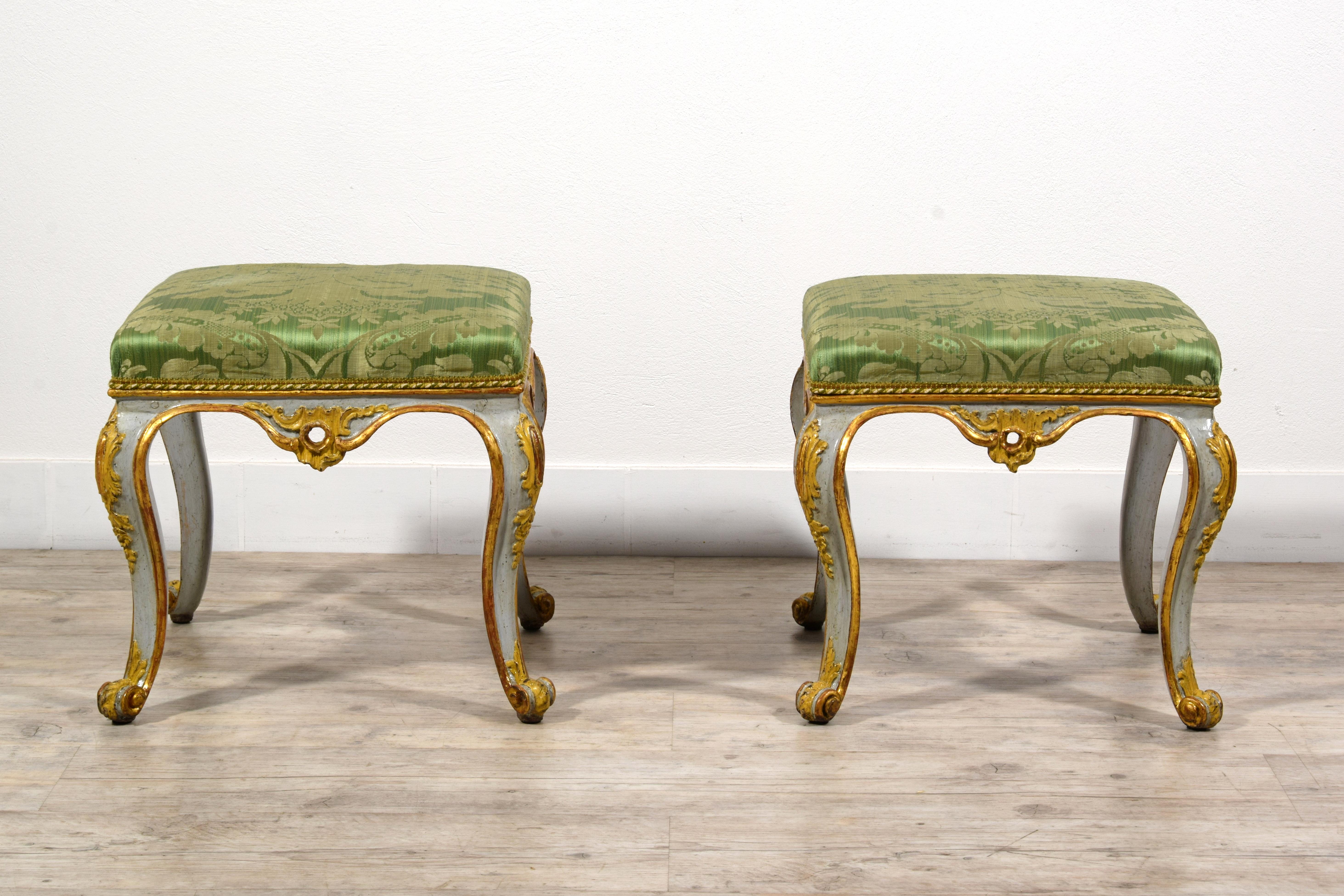 Hand-Carved 18th century, Italian Pair of Rococo Lacquered and Gilt Wood Stools For Sale