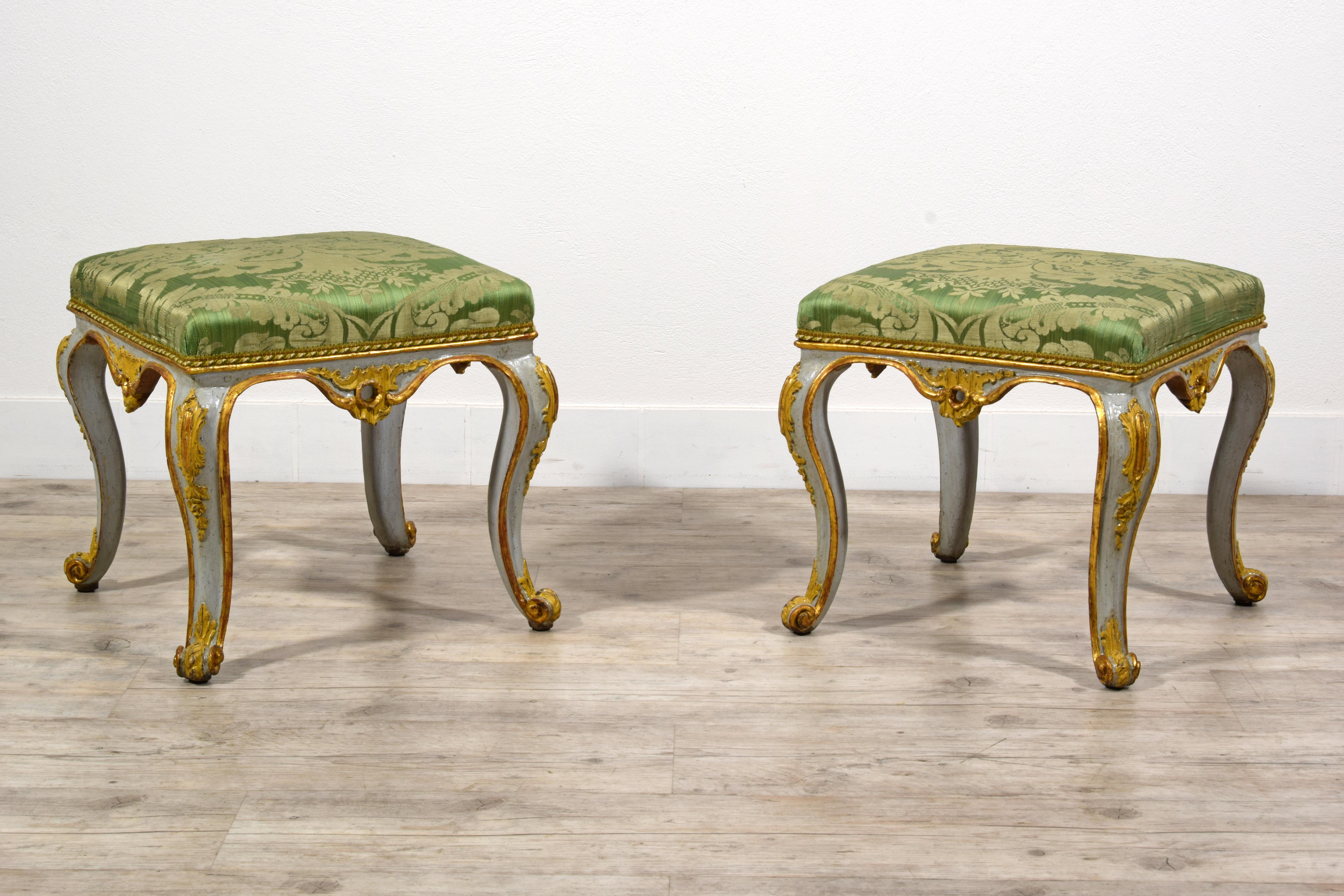 18th Century 18th century, Italian Pair of Rococo Lacquered and Gilt Wood Stools For Sale