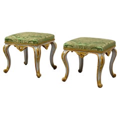 18th century, Italian Pair of Rococo Lacquered and Gilt Wood Stools