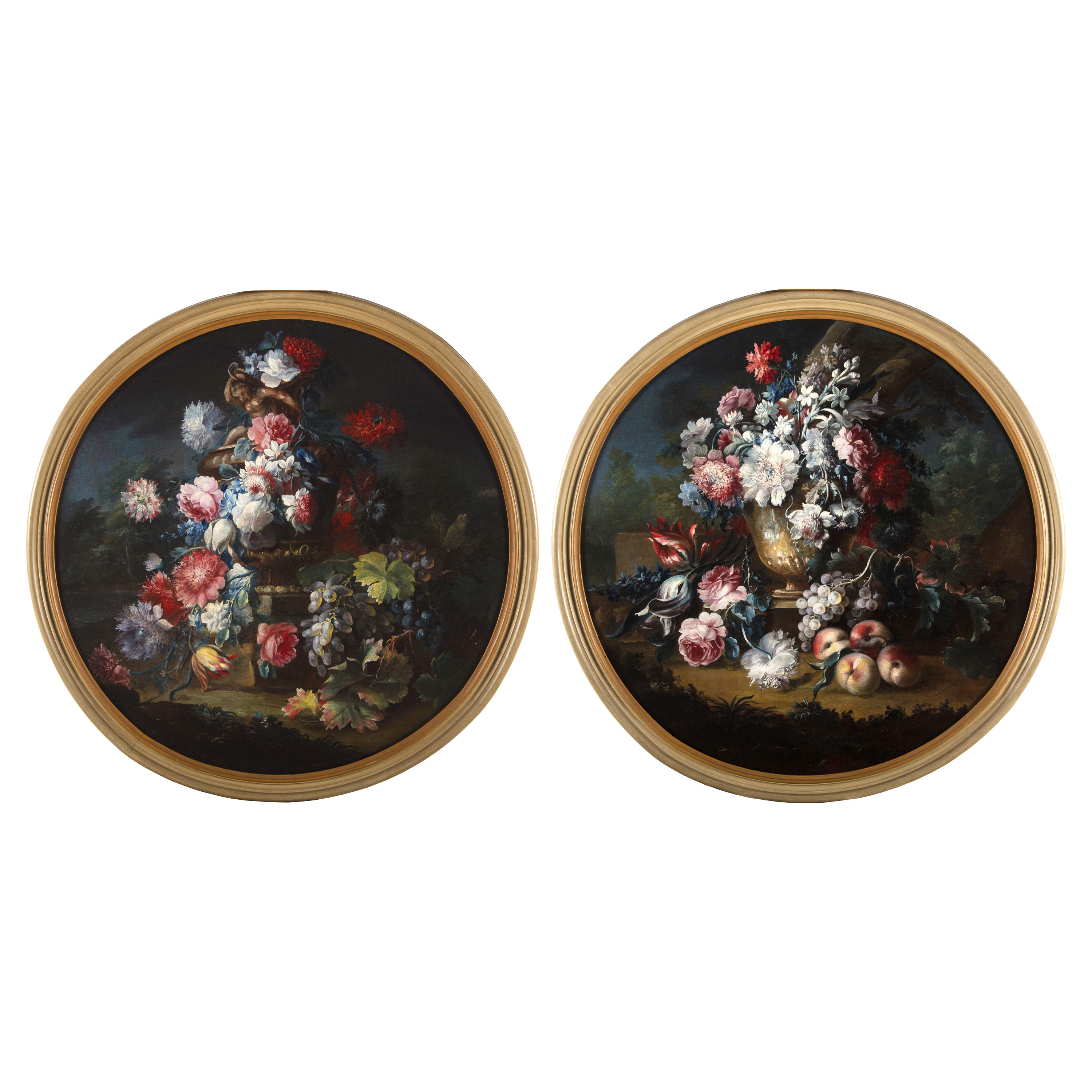 Paar italienische Stillleben mit Blumen von Michele Antonio Rapos aus dem 18. Jahrhundert