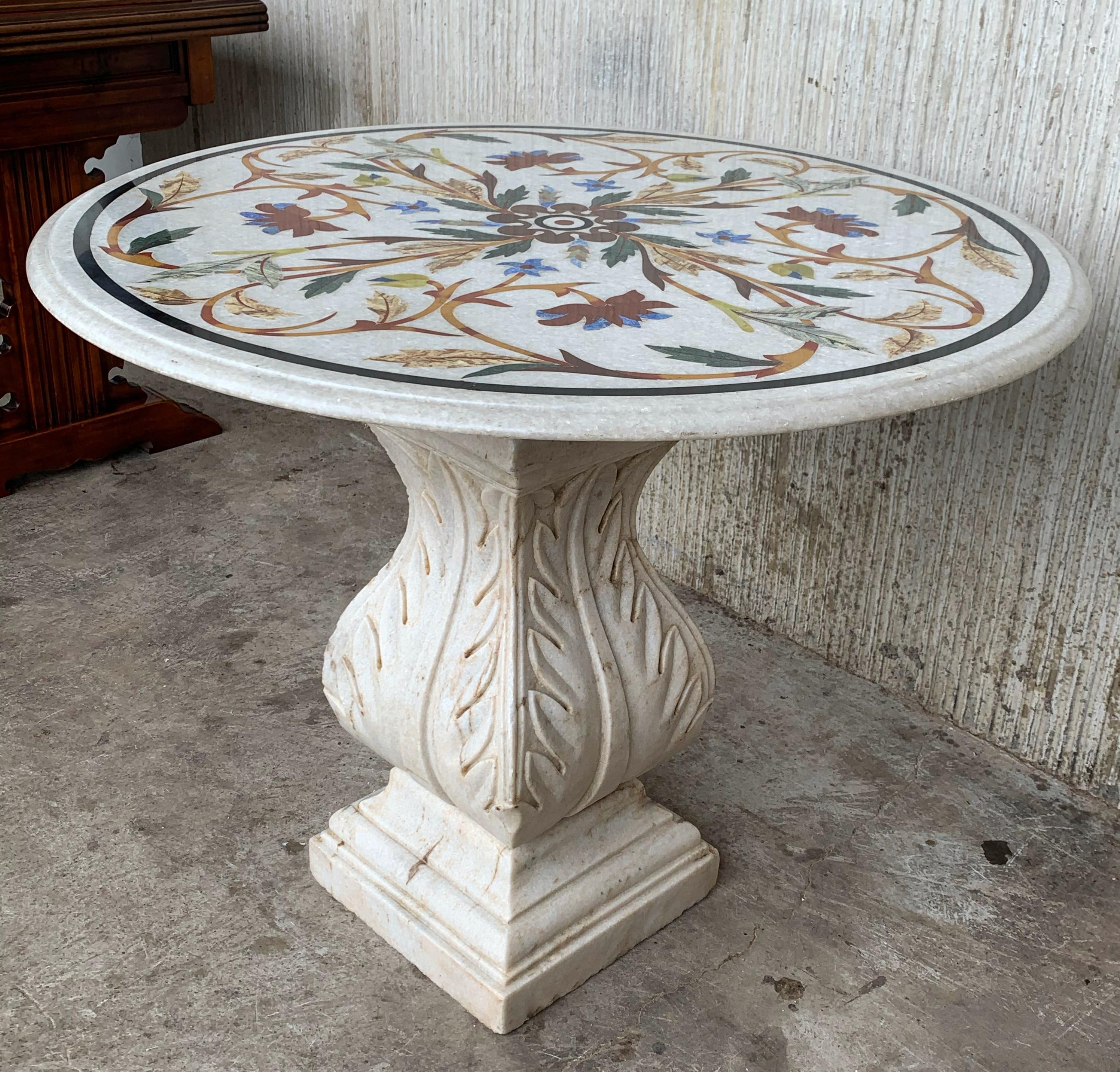 Neoclassical Revival 18th Century Italian Pietra Dura Marble-Top Table with Carved Carrara Pedestal