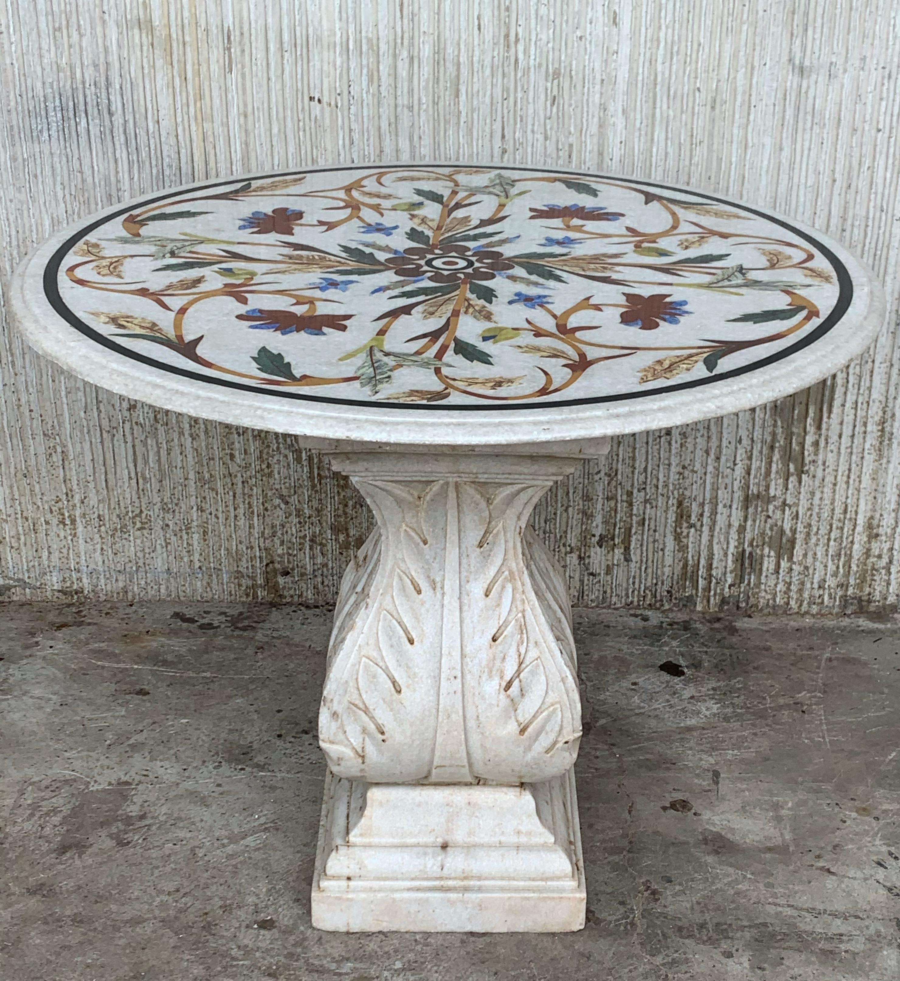 19th Century 18th Century Italian Pietra Dura Marble-Top Table with Carved Carrara Pedestal