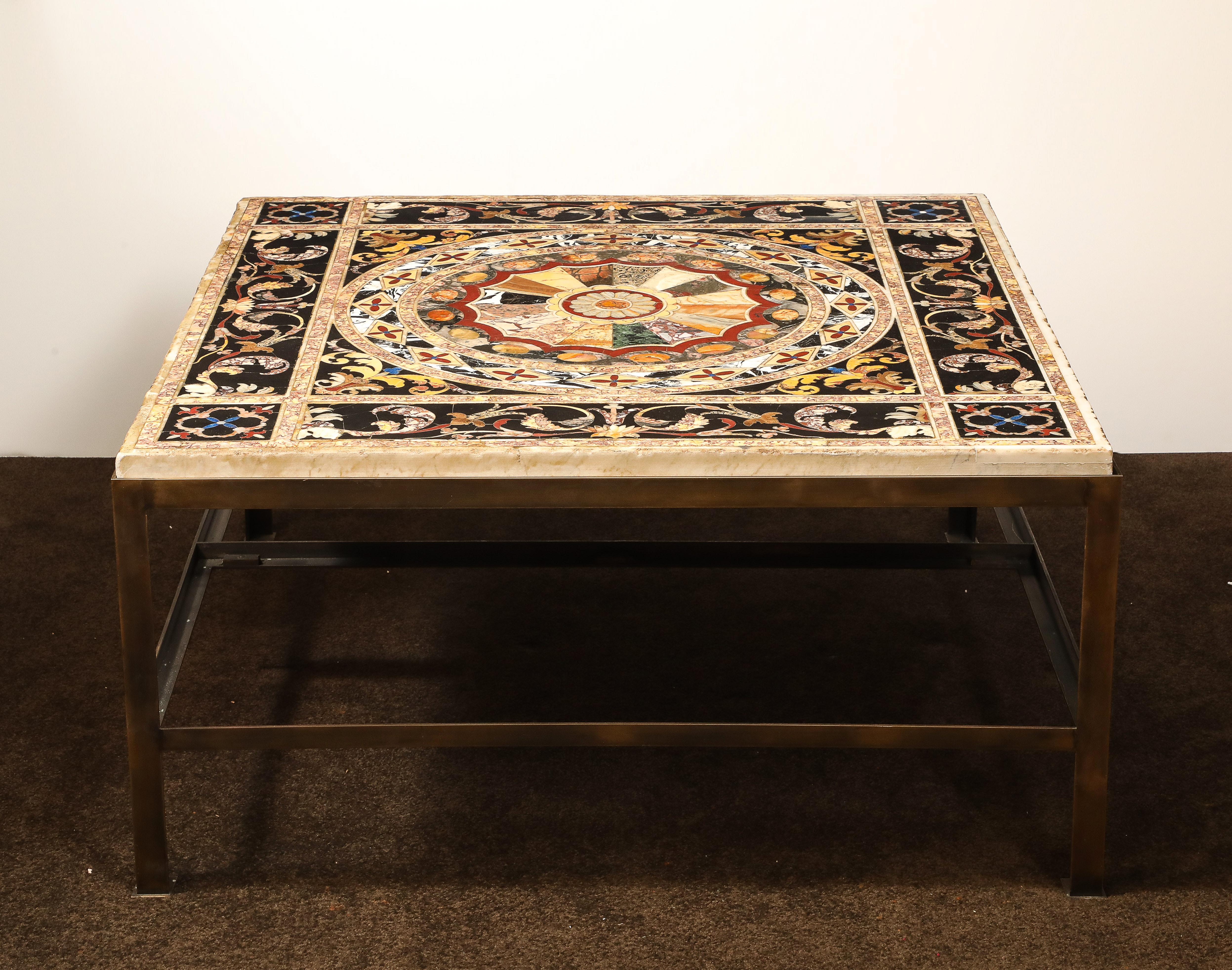 A Large and Quite Rare 18th Century Italian Pietra Dura Multi-Marble Table-Top/coffee table/low table/center table. The square top is richly inlaid with an extensive array of colored marbles and hardstones, including alabastro fiorito, brocatella di