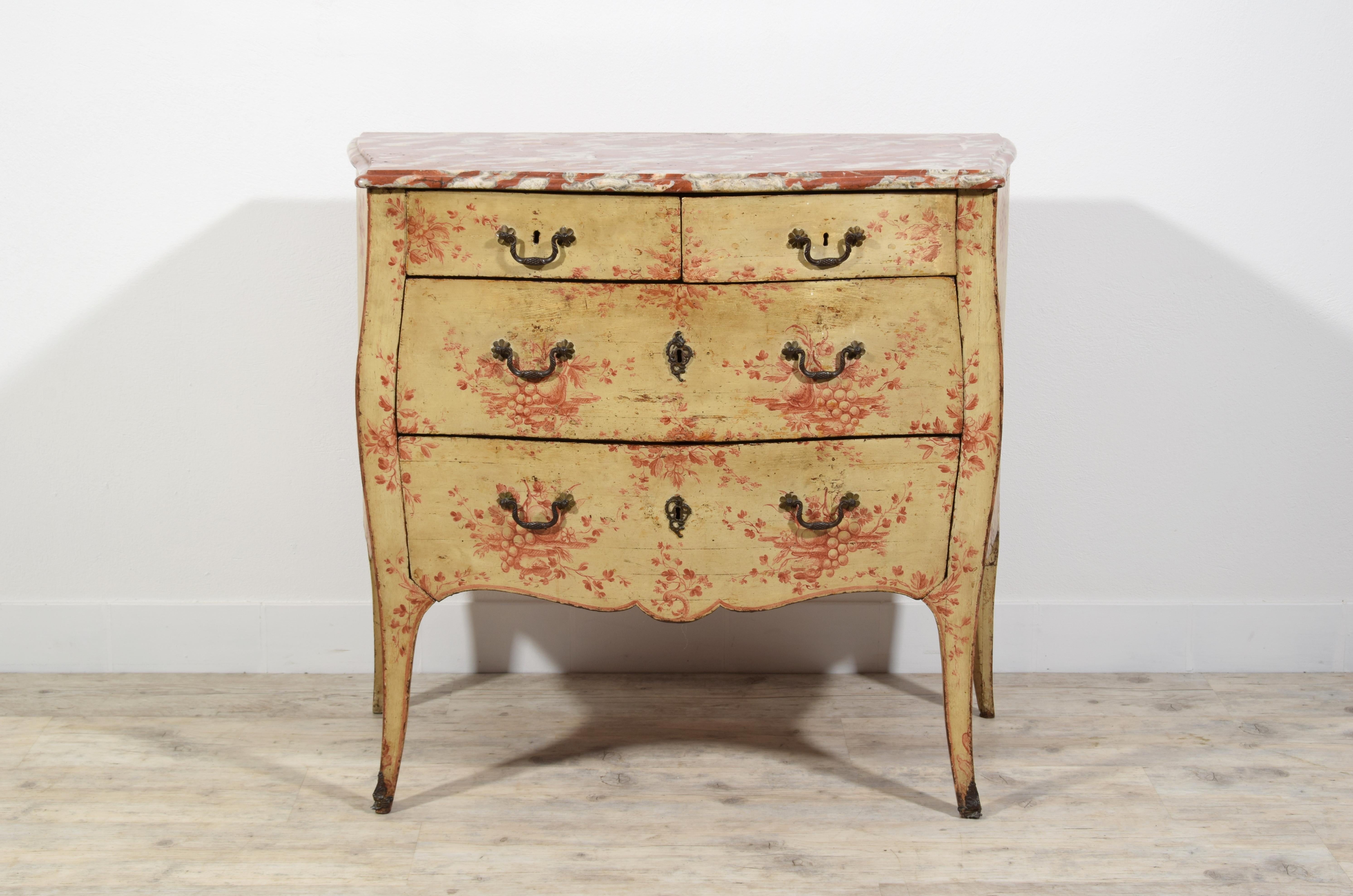 18th century, Italian Policrome Lacquered Wood Chest of Drawers 

This small and elegant chest of drawers was made in Genoa, northern Italy, around the middle of the eighteenth century. This model of dresser is inspired by the models that spread in
