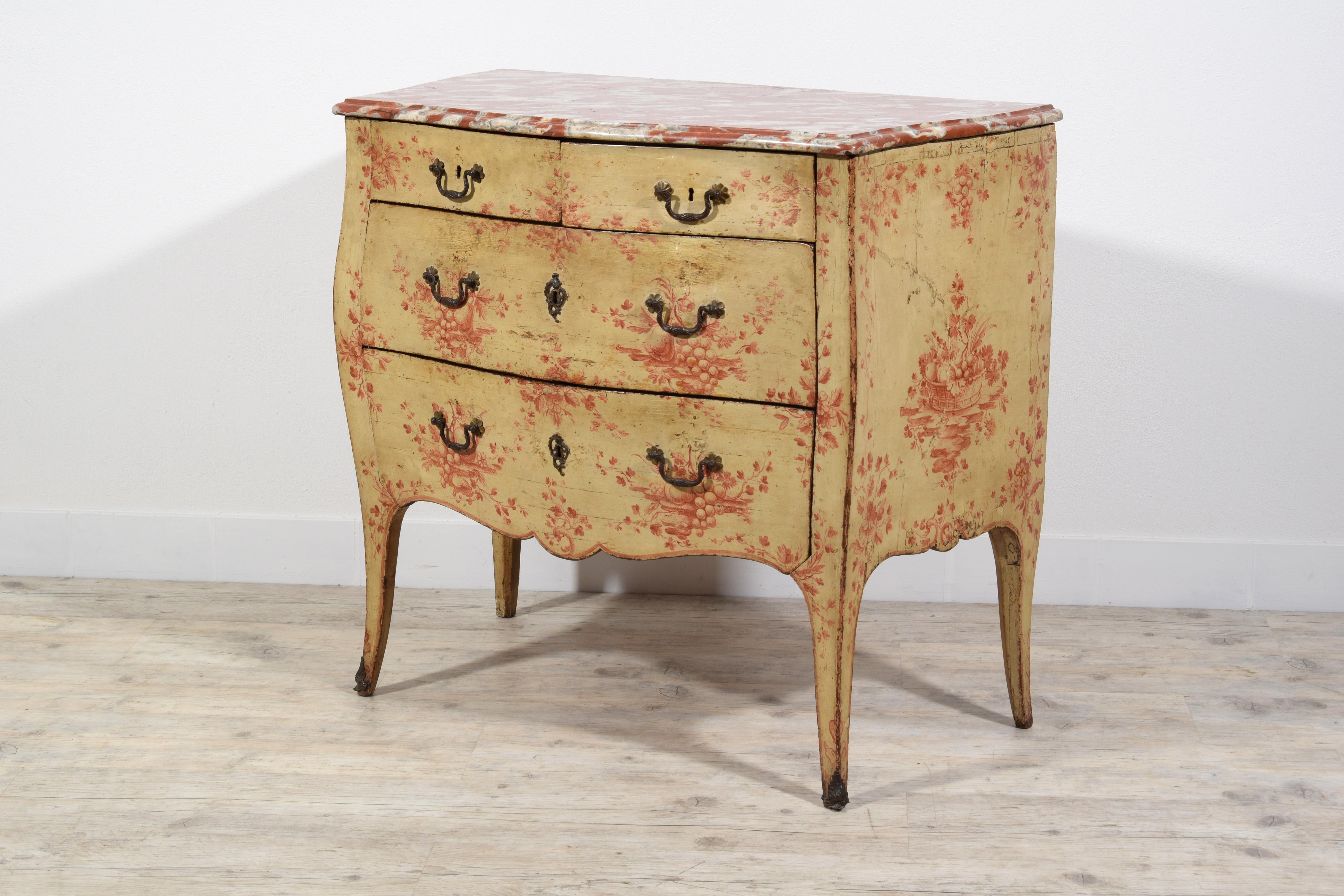 Rococo 18th Century, Italian Policrome Lacquered Wood Chest of Drawers For Sale
