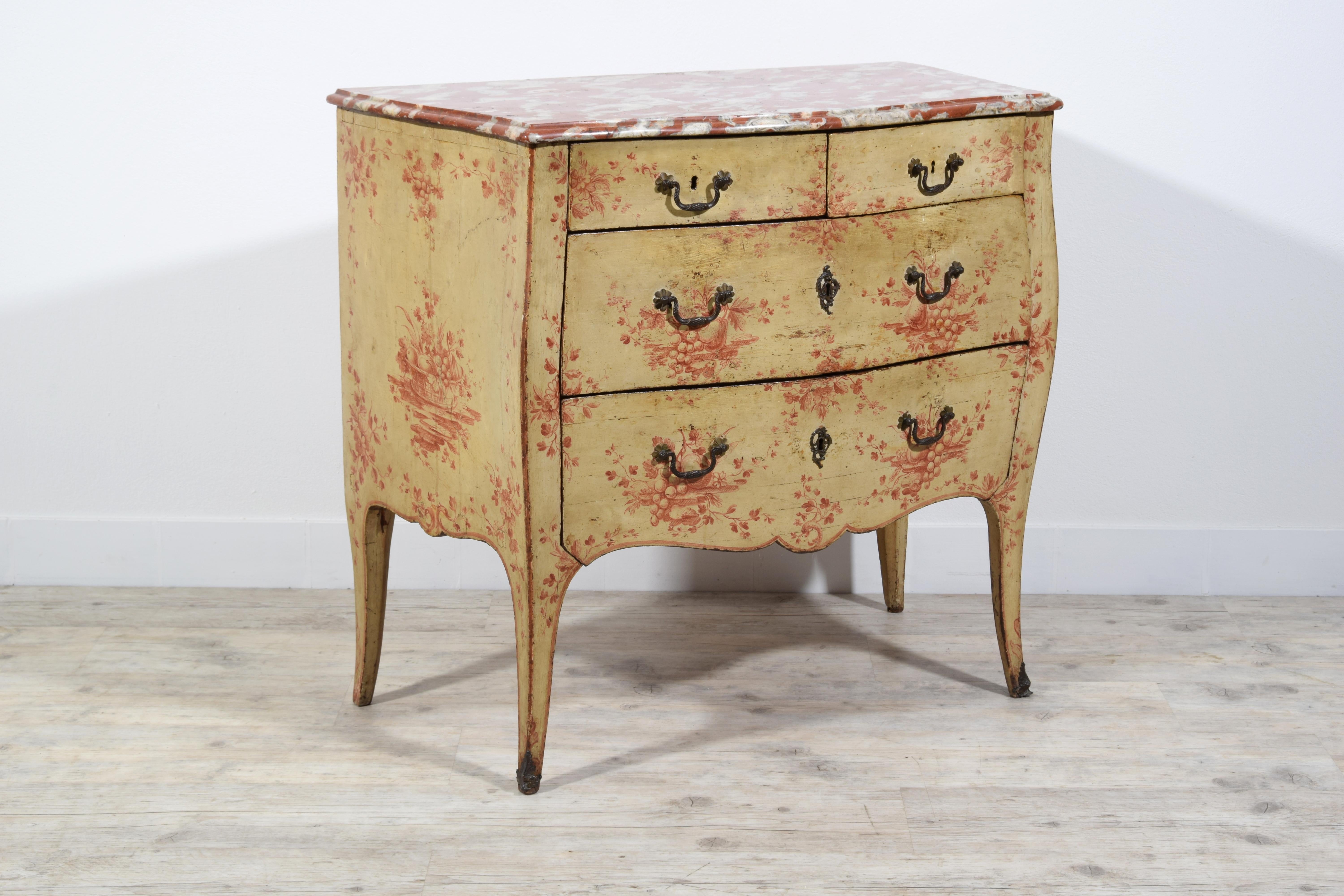 Bronze 18th Century, Italian Policrome Lacquered Wood Chest of Drawers For Sale