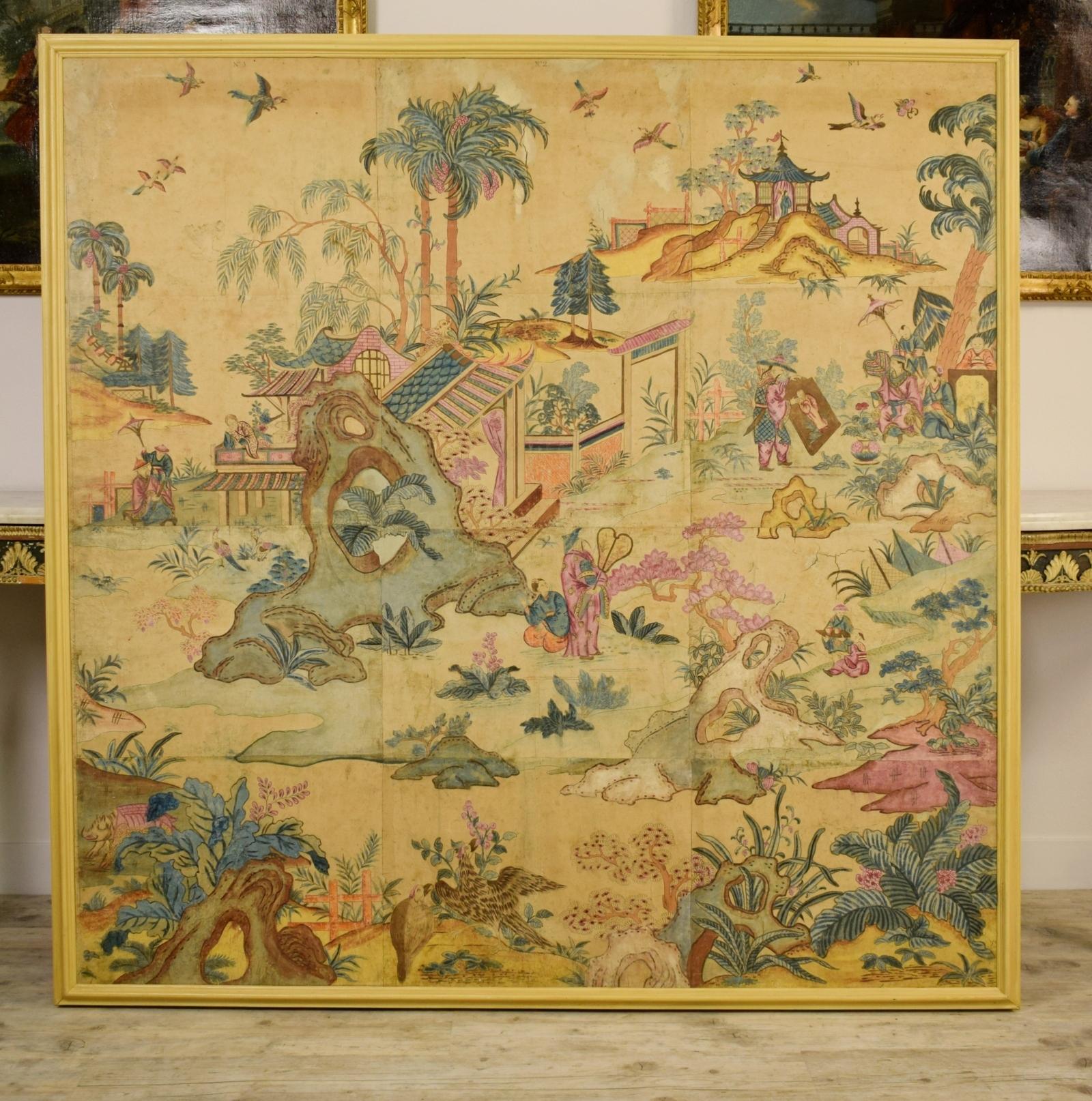 18th century, Italian polychrome tempera on paper chinoiserie painting
This large painting is made in tempera on paper, then applied on canvas. It was executed in Italy, in Turin, in the 18th century.
The polychrome painting depicts a subject to