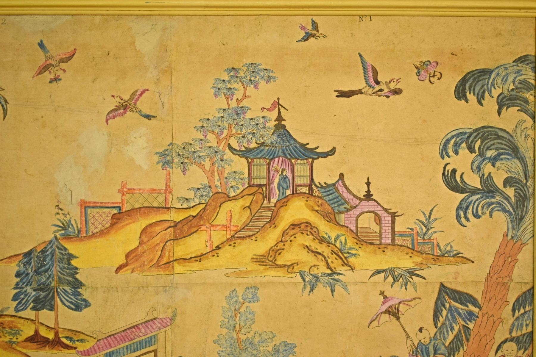 Hand-Painted 18th Century, Italian Polychrome Tempera on Paper Chinoiserie Painting