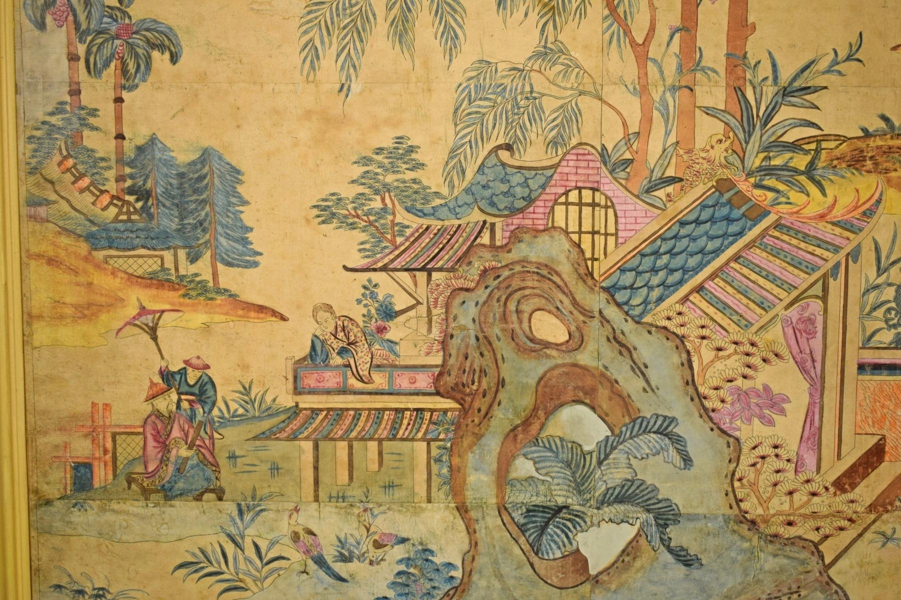 Canvas 18th Century, Italian Polychrome Tempera on Paper Chinoiserie Painting