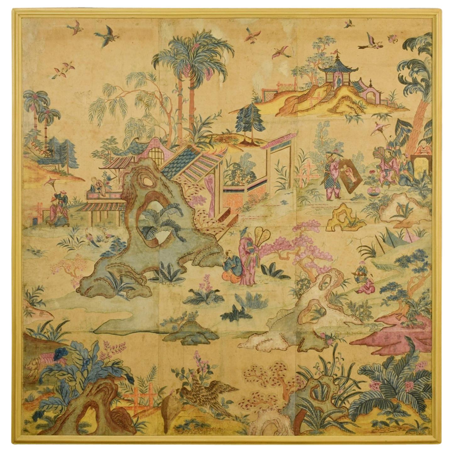 18th Century, Italian Polychrome Tempera on Paper Chinoiserie Painting