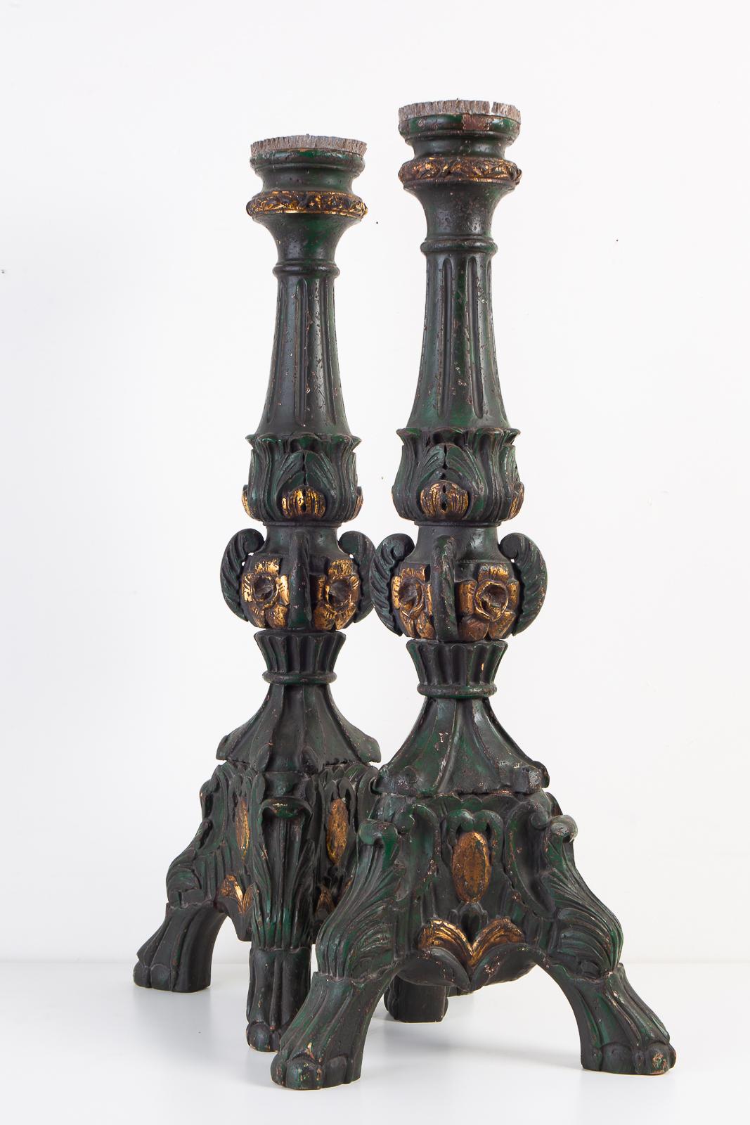 Rococo 18th Century Italian Polychromed Altar Candlesticks For Sale
