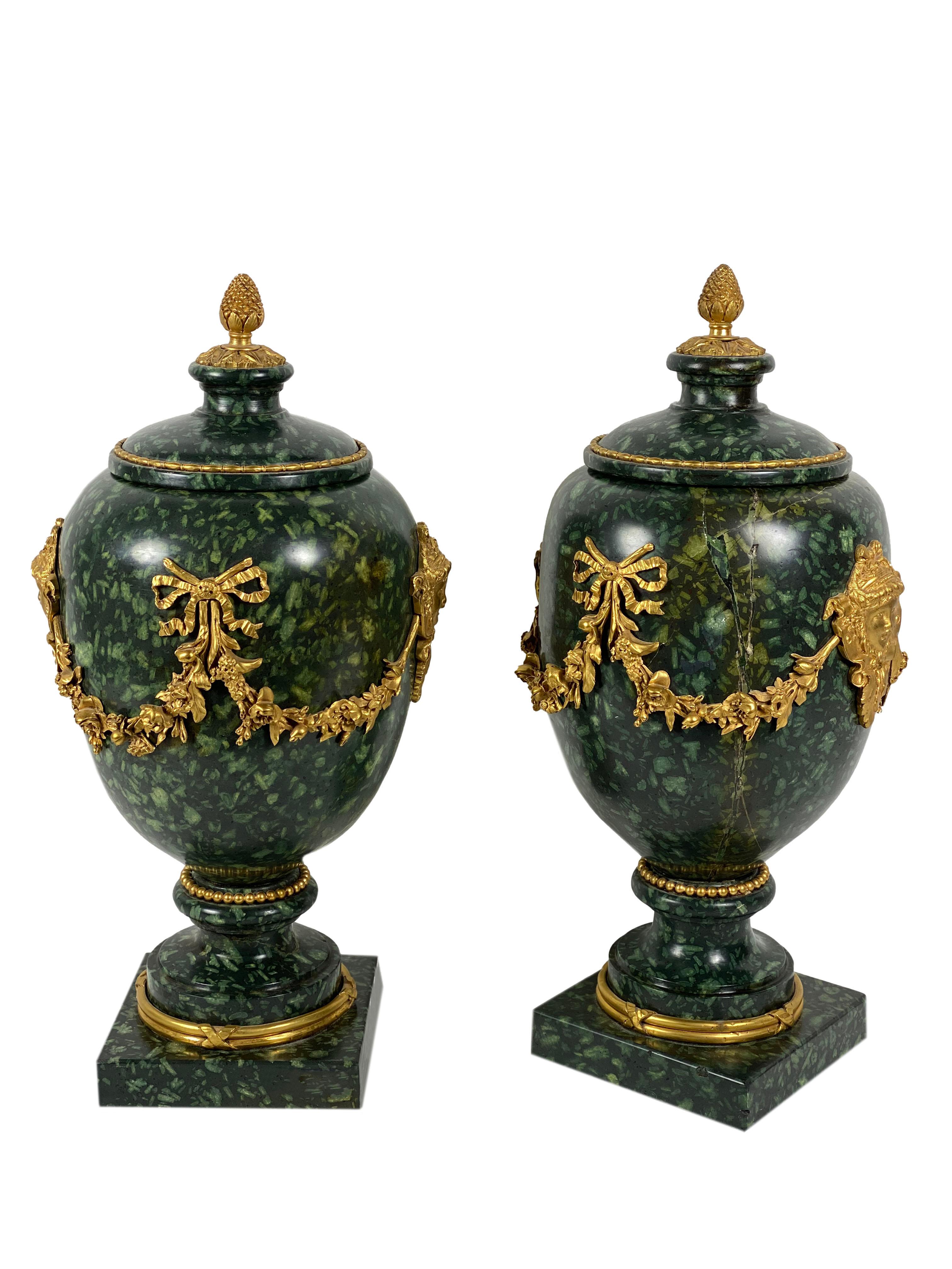 Louis XV 18th Century Italian Porphyry Vases with Bronze Dore Mounts, a Pair