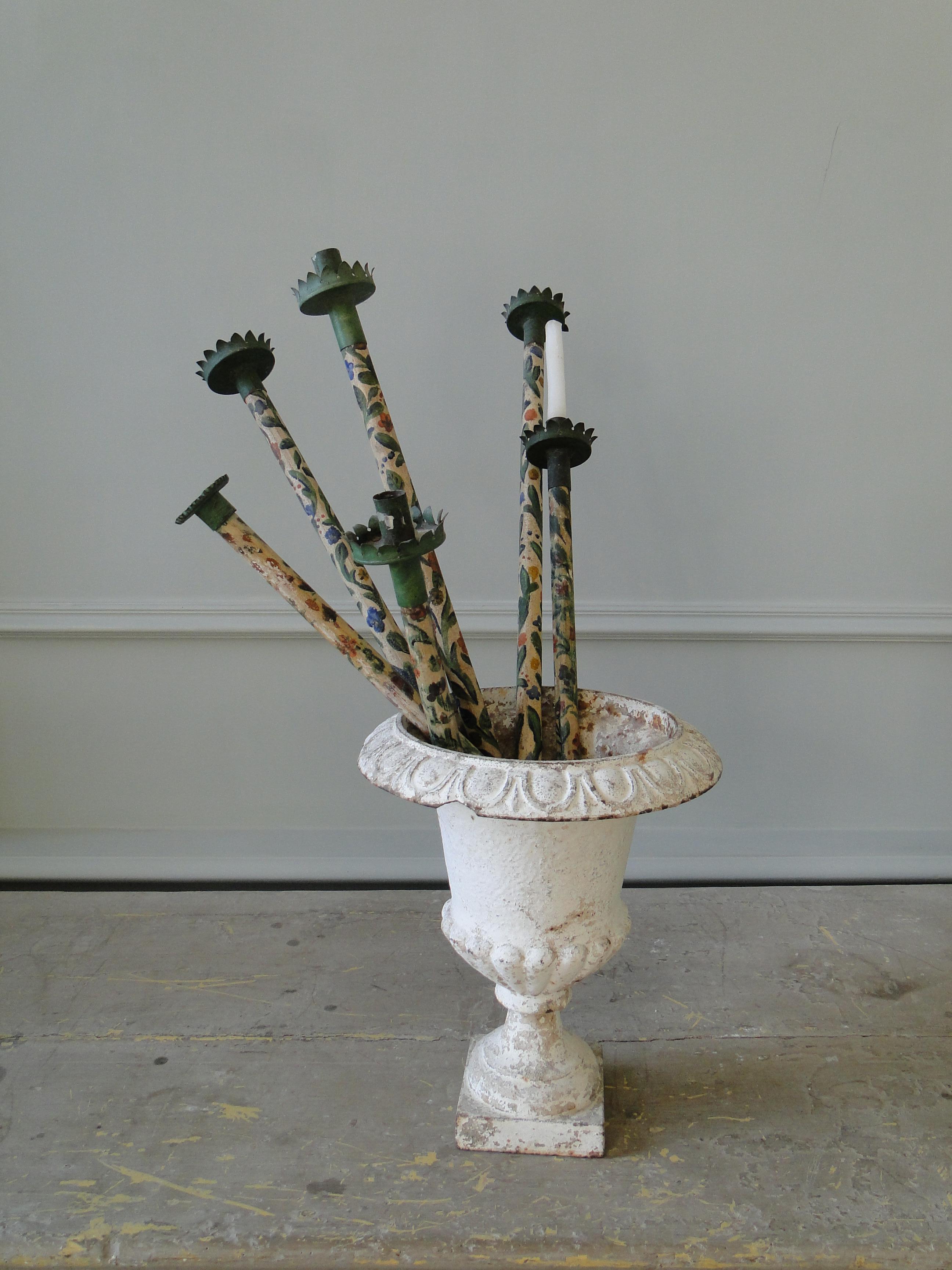 18th Century and Earlier 18th Century Italian Procession Candlesticks, Hand Painted, Very Rare Item For Sale