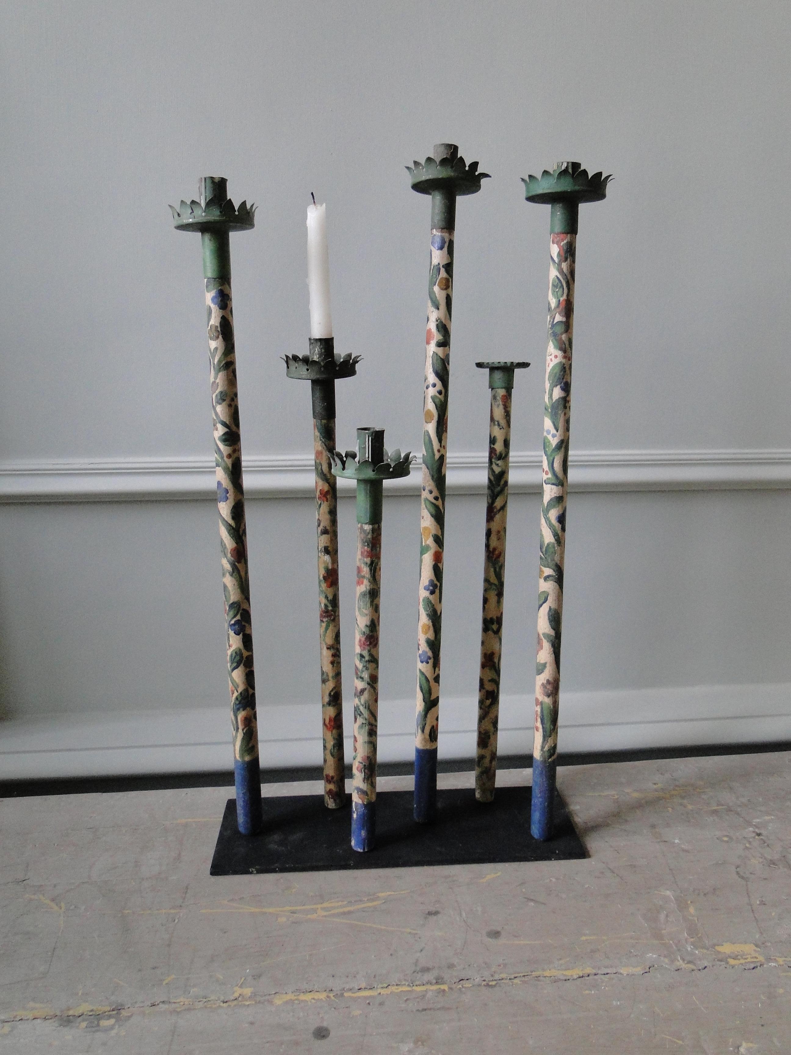 Tin 18th Century Italian Procession Candlesticks, Hand Painted, Very Rare Item For Sale