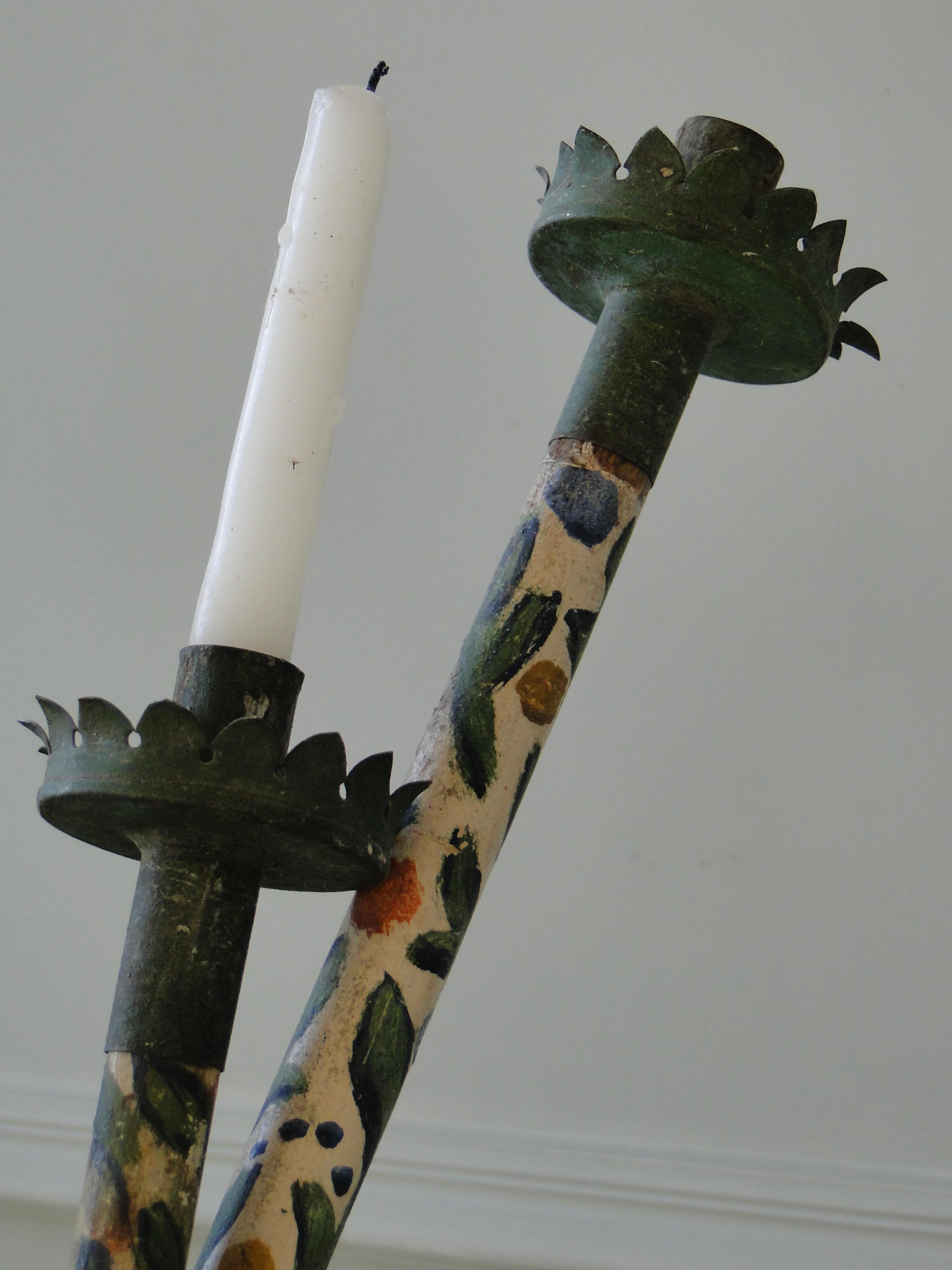 18th Century Italian Procession Candlesticks, Hand Painted, Very Rare Item For Sale 1