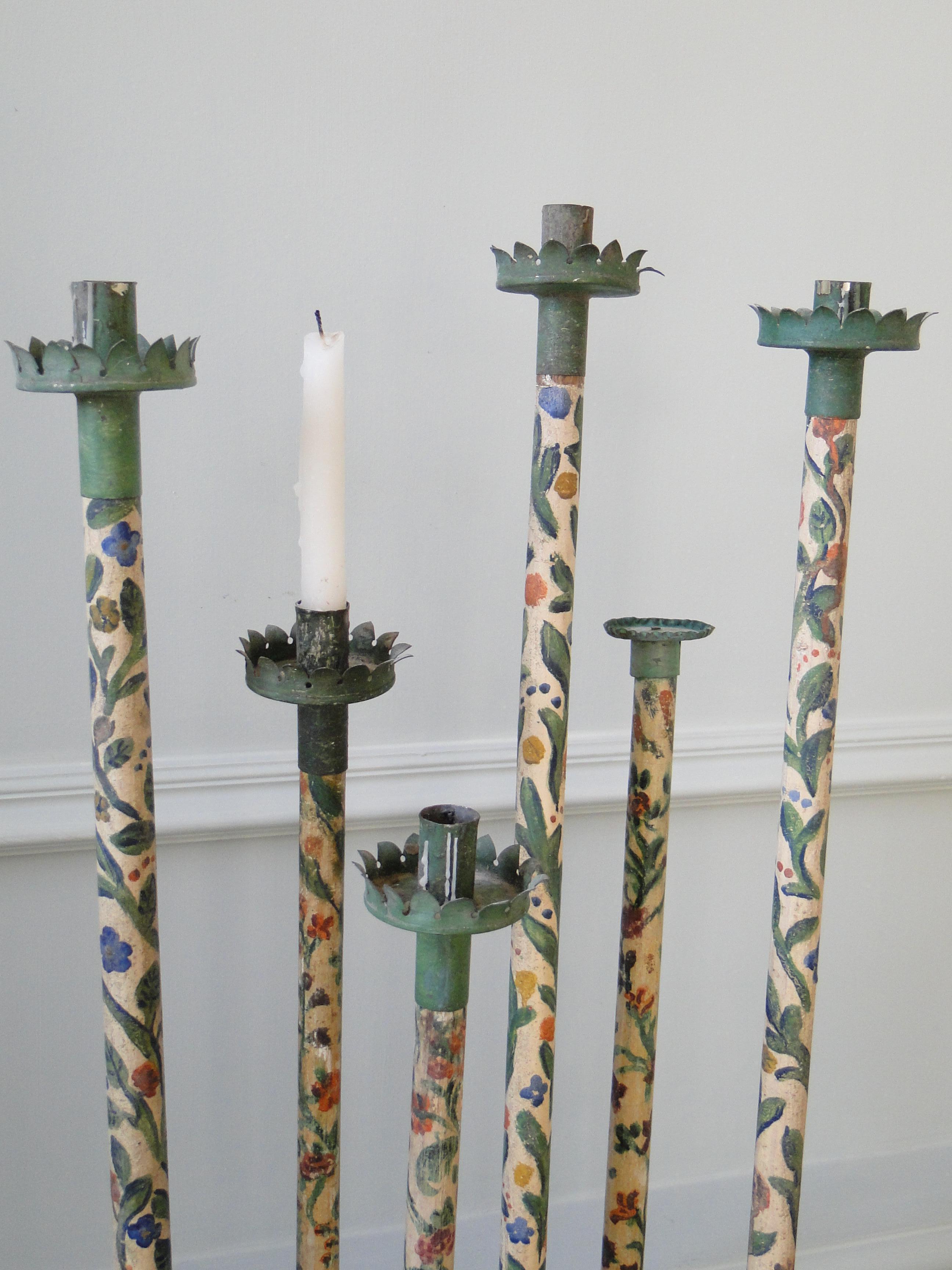 18th Century Italian Procession Candlesticks, Hand Painted, Very Rare Item For Sale 4