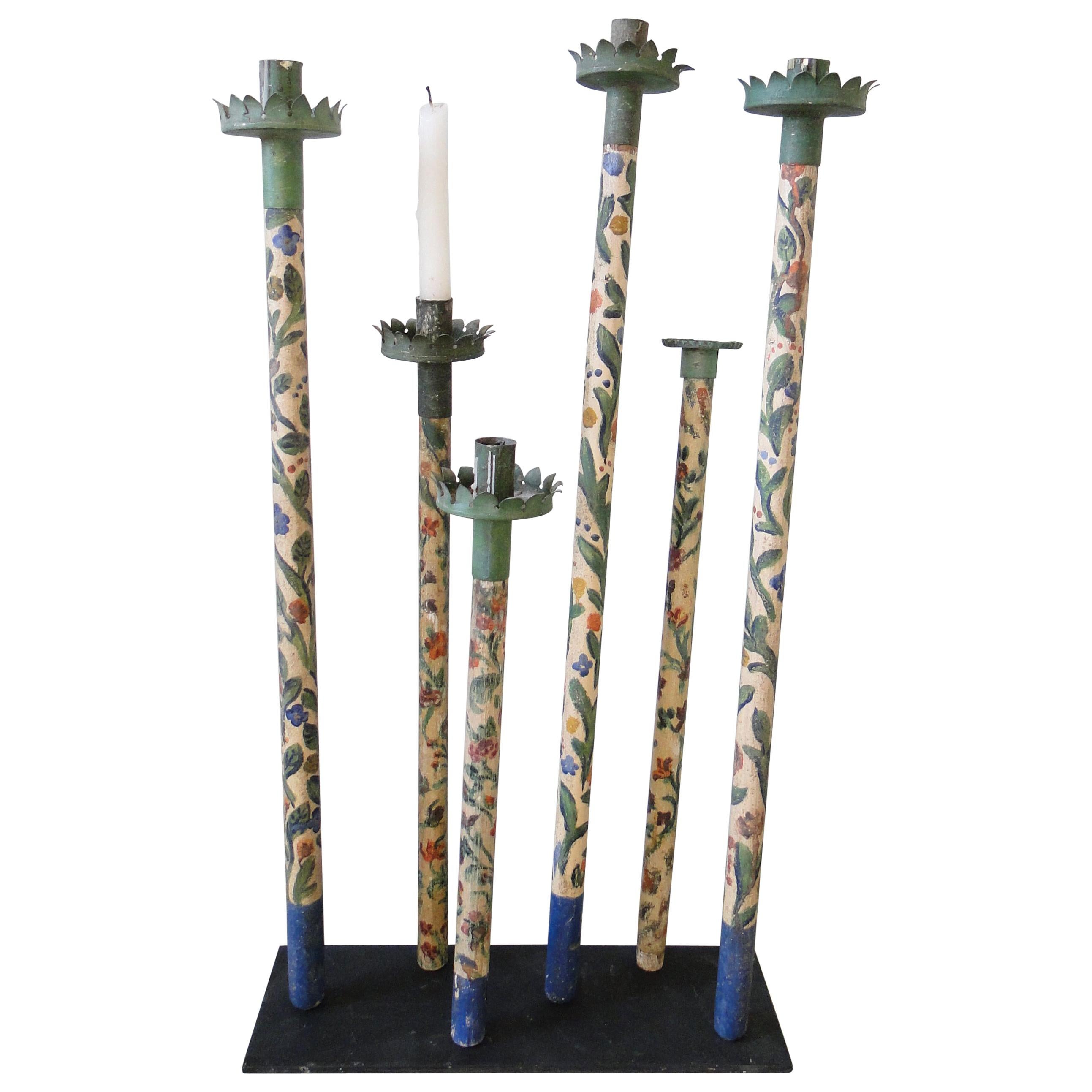 18th Century Italian Procession Candlesticks, Hand Painted, Very Rare Item For Sale