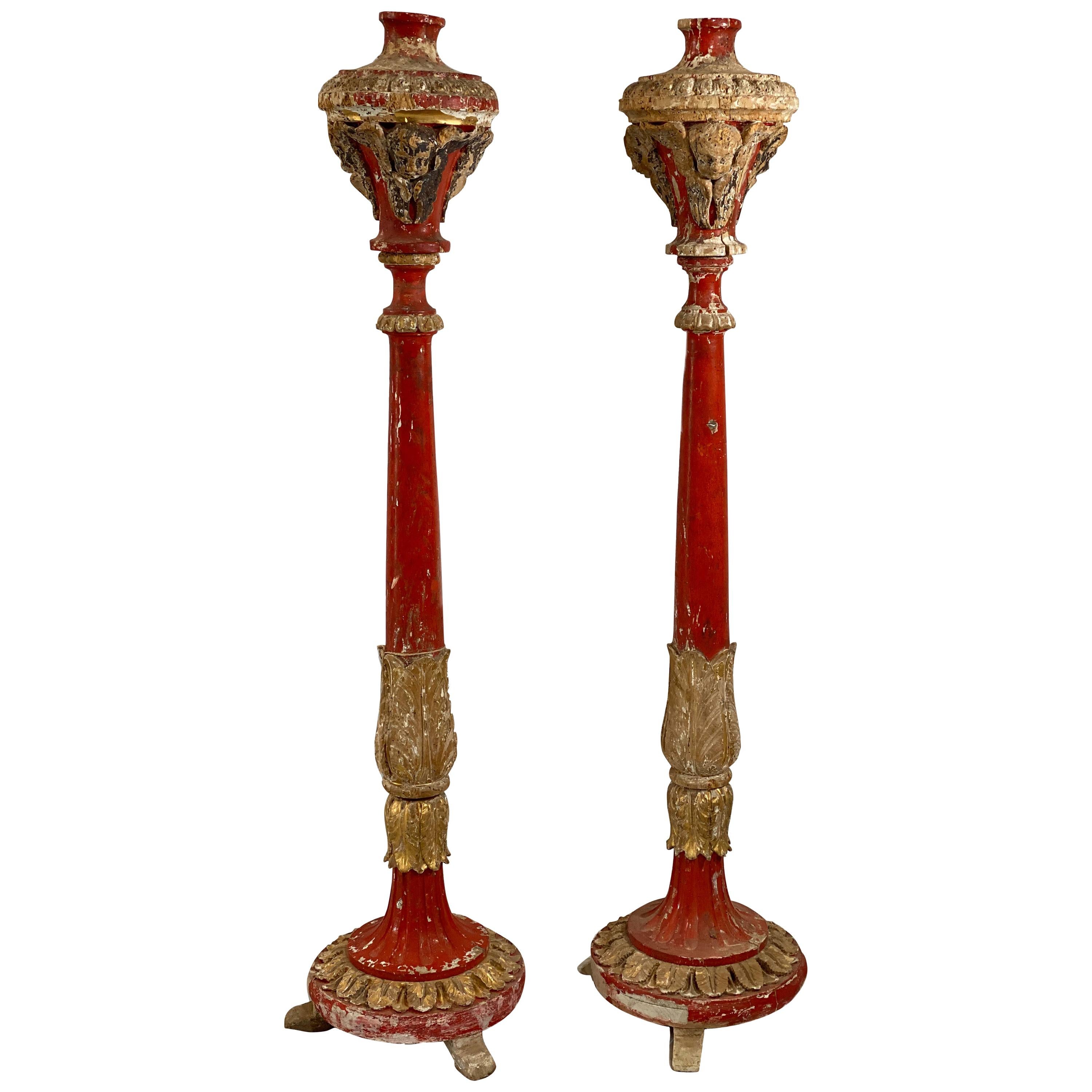 18th Century Italian Red Altar Sticks with Putti Detail