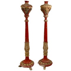 18th Century Italian Red Altar Sticks with Putti Detail