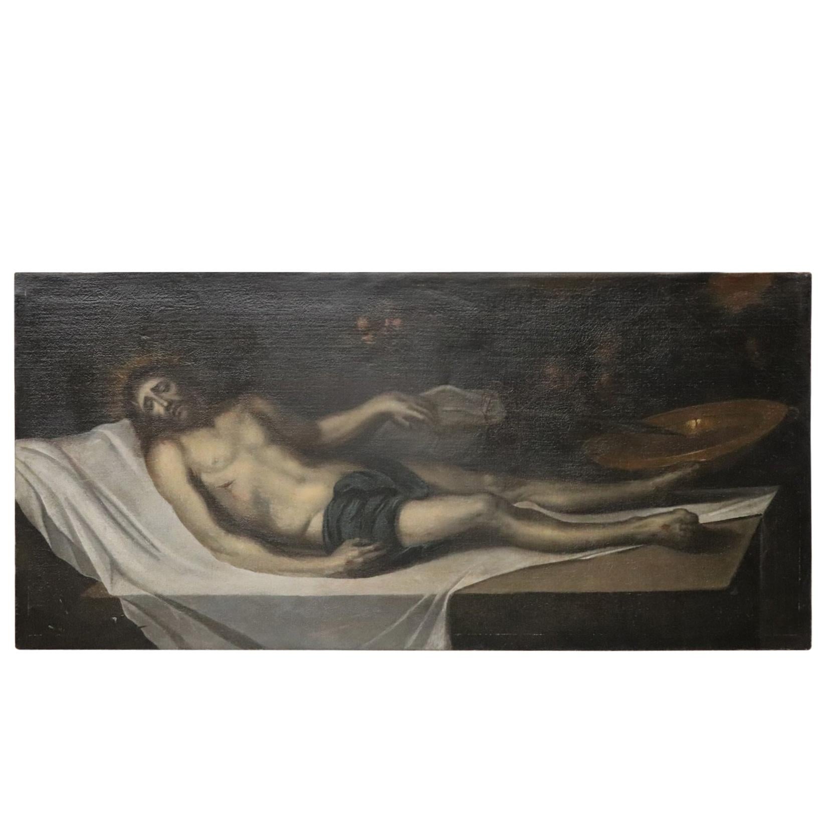 18th Century Italian Religious Oil Painting on Canvas, Christ Deposed