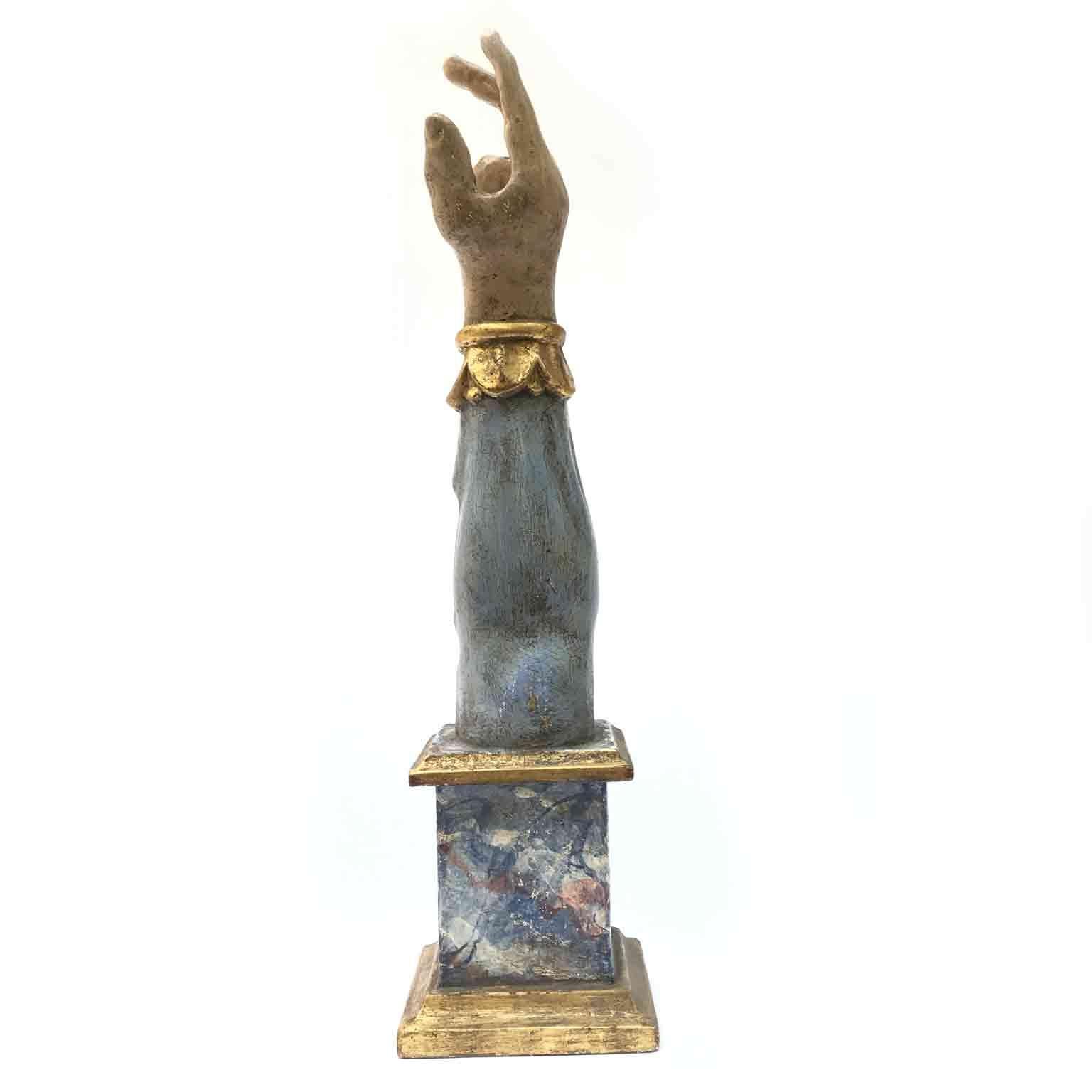 Glass 18th Century Italian Reliquary Arm of Saint Mathiew Blue and Giltwood